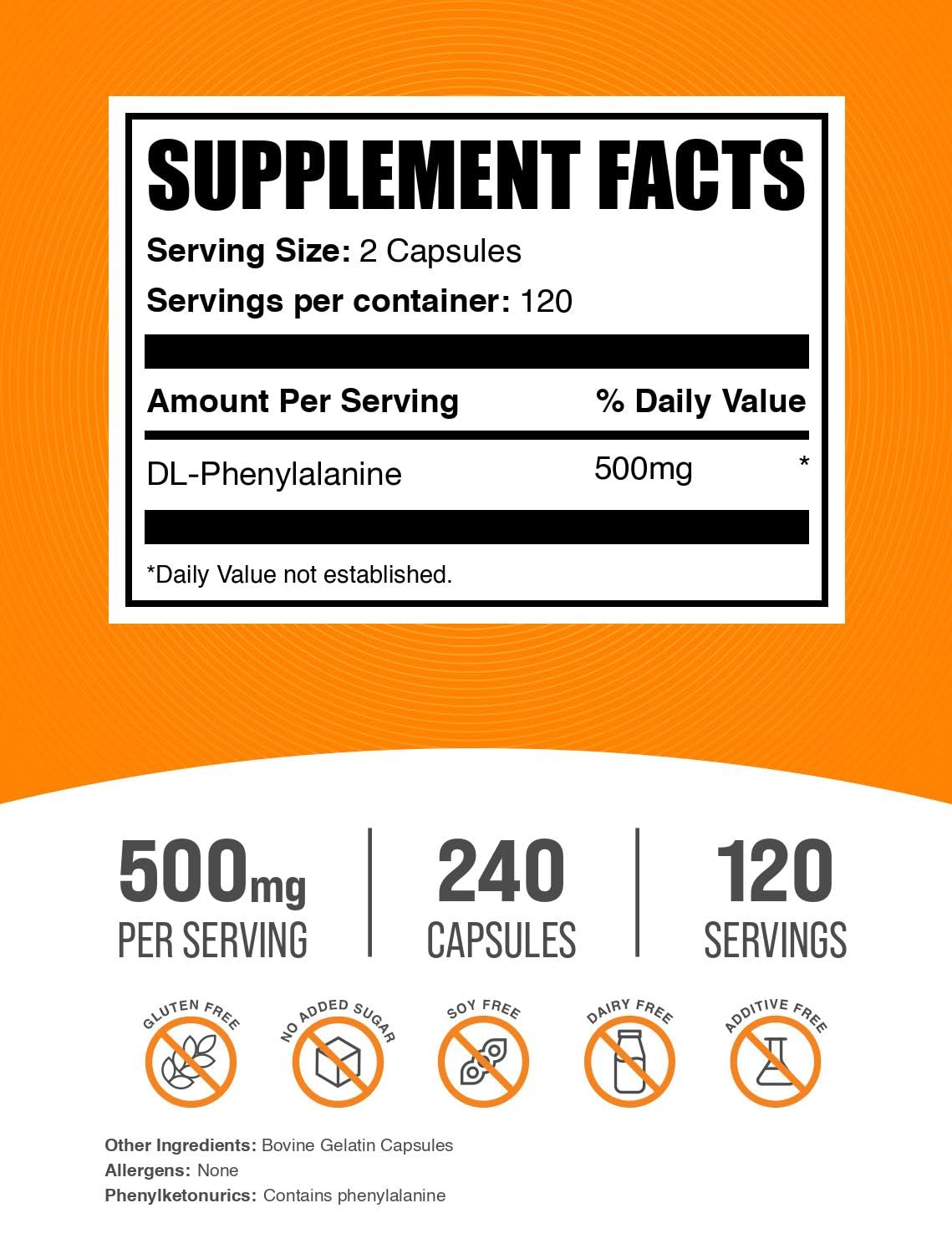 BulkSupplements DL-Phenylalanine Capsules, 240 Capsules