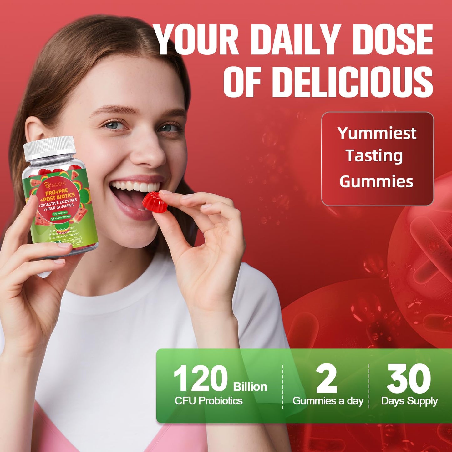 Migcopat Pre Post Probiotics Gummies, Digestive Enzymes with Fiber, 120 Billion CFU Probiotics - Digestive Health, Sugar Free, Vegan, Watermelon, 120 Count