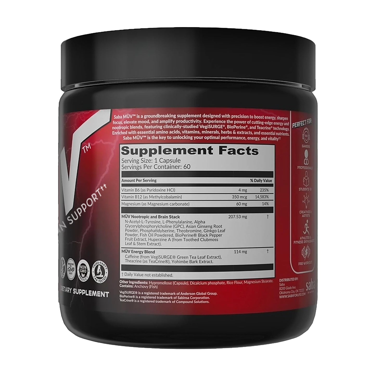 Saba MUV™ Nootropic Brain Supplement for Memory, Focus & Energy | Phosphatidylserine, VegiSurge®, Alpha GPC, Vitamins B6, B12 & Folic Acid | Mental Clarity & Brain Health Support, 60 Capsules