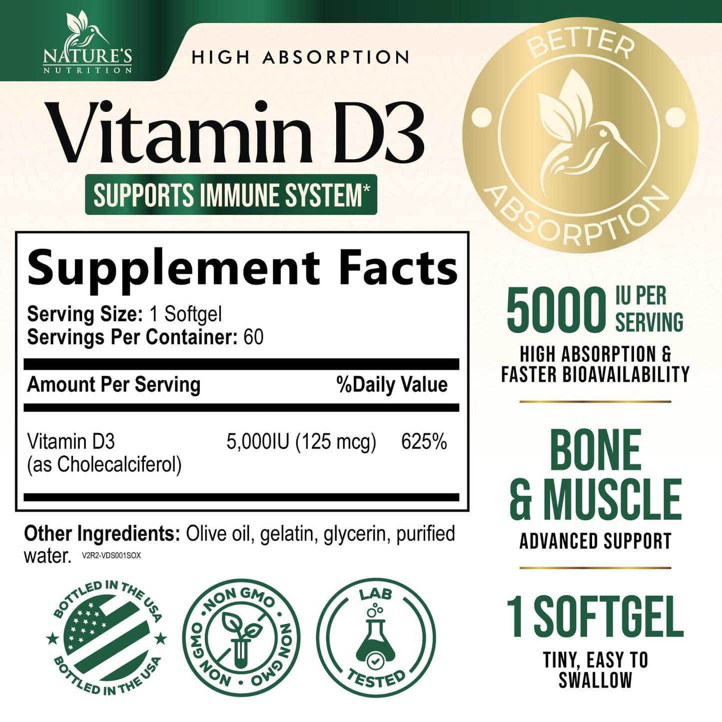 Nature's Nutrition Vitamin D3 5000iu (125mcg) Softgels, 60 Count