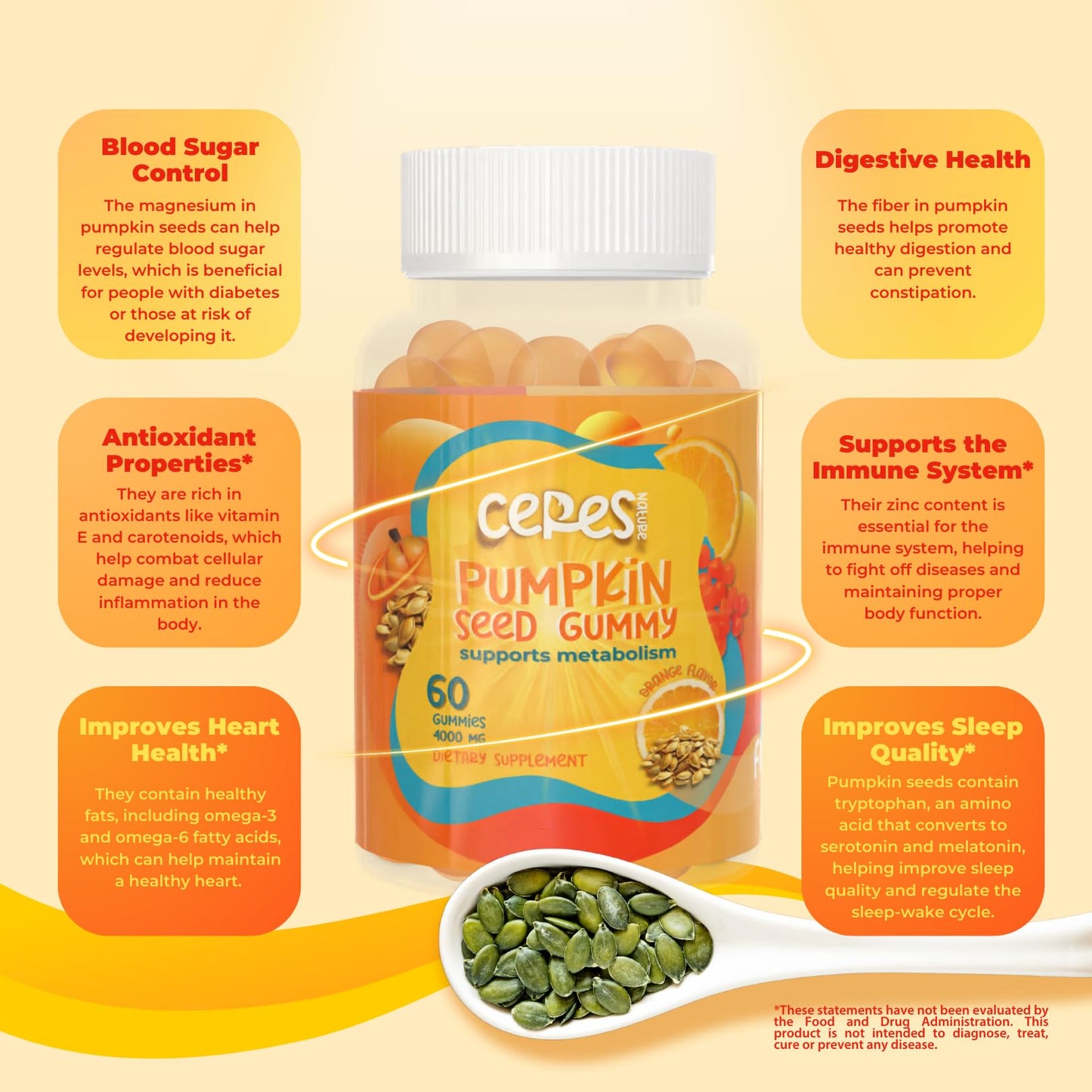 Ceres Nature Pumpkin Seed Oil Gummies 4,000 mg for Hair Growth, Urinary Tract Support, Bladder Control Supplement, Younger Looking Skin & Face, Rich in Omega-3 & Omega-6 Fatty Acids - Sugar-Free, 60 Count