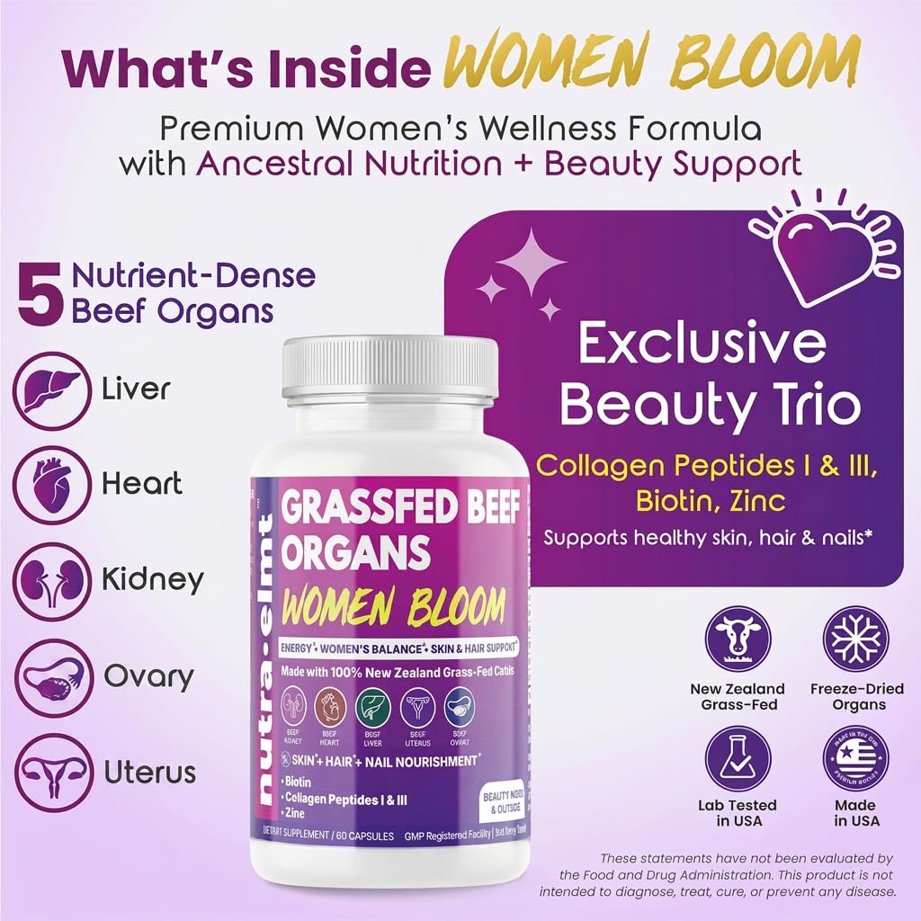 NUTRA ELMT Beef Organ Supplement for Women – NZ Grass Fed Capsule, 60 Count