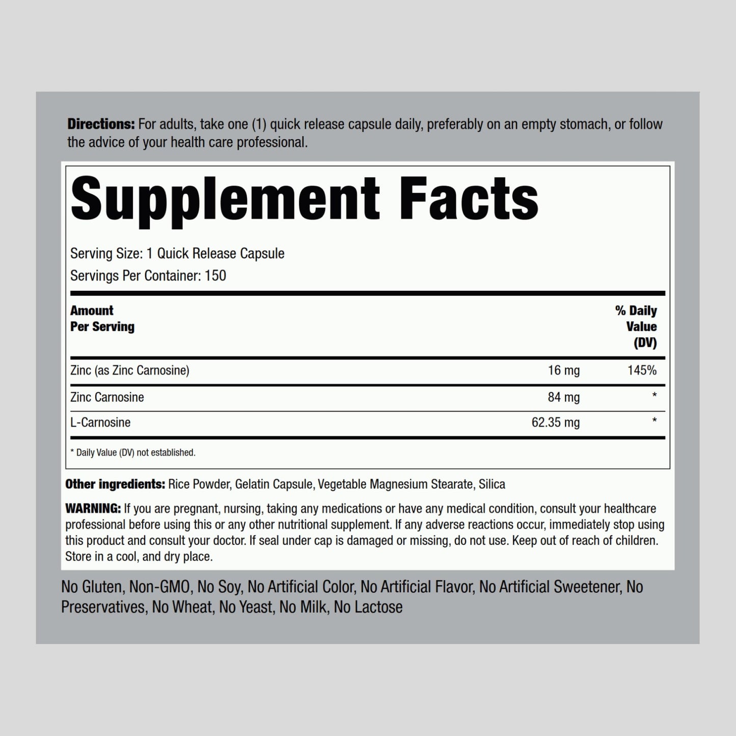 Piping Rock Zinc Carnosine Supplement Capsules 150 Capsules