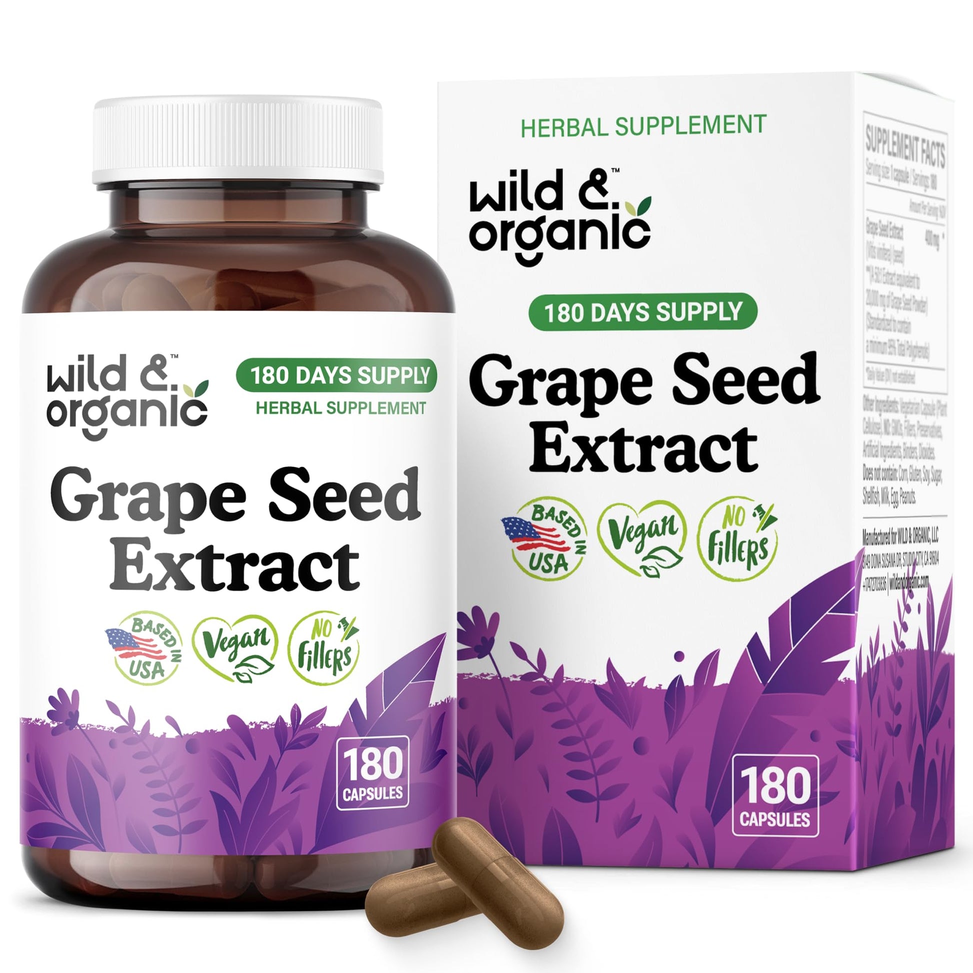 Wild & Organic Grape Seed Extract Capsules 400 mg - 95% Polyphenols, 180 Vegan Capsules