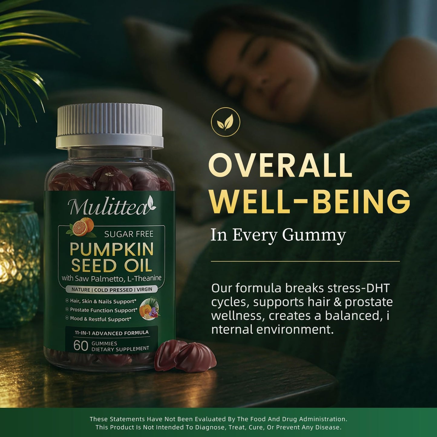 Mulittea Pumpkin Seed Oil with Saw Palmetto Gummies with L-Theanine for Mood, Hair & Prostate Support, Virgin Cold Pressed, Essential Fatty Acids & Phytosterols, Non-GMO, 120 Gummies