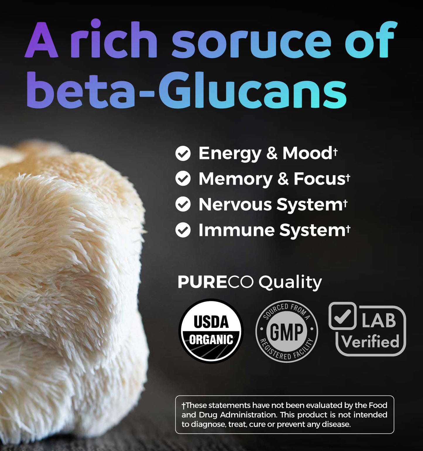 PURE CO Organic Lions Mane Supplement, 60 Capsules