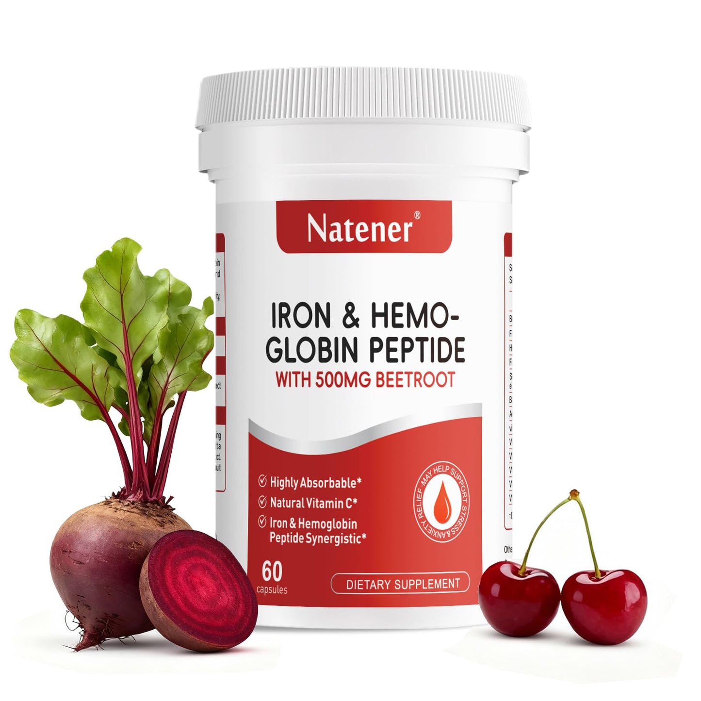 Natener 36mg Iron Supplement with 500mg Beetroot, Quad Chelated Iron & Hemoglobin Peptide Synergistic 60 Capsules