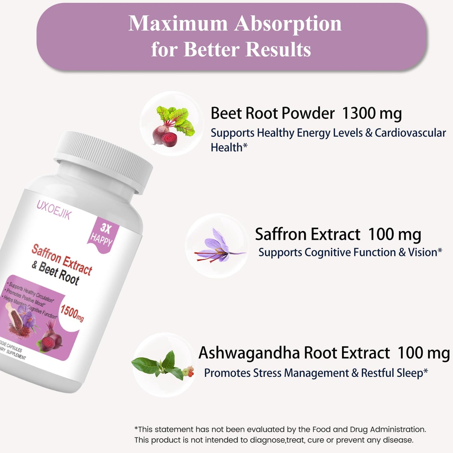 UXOEJIK Saffron Capsule for Mood Support & Happy Mind, 100mg Pure Saffron Extract with Beet Root for Energy & Ashwagandha for Focus, 120 Count