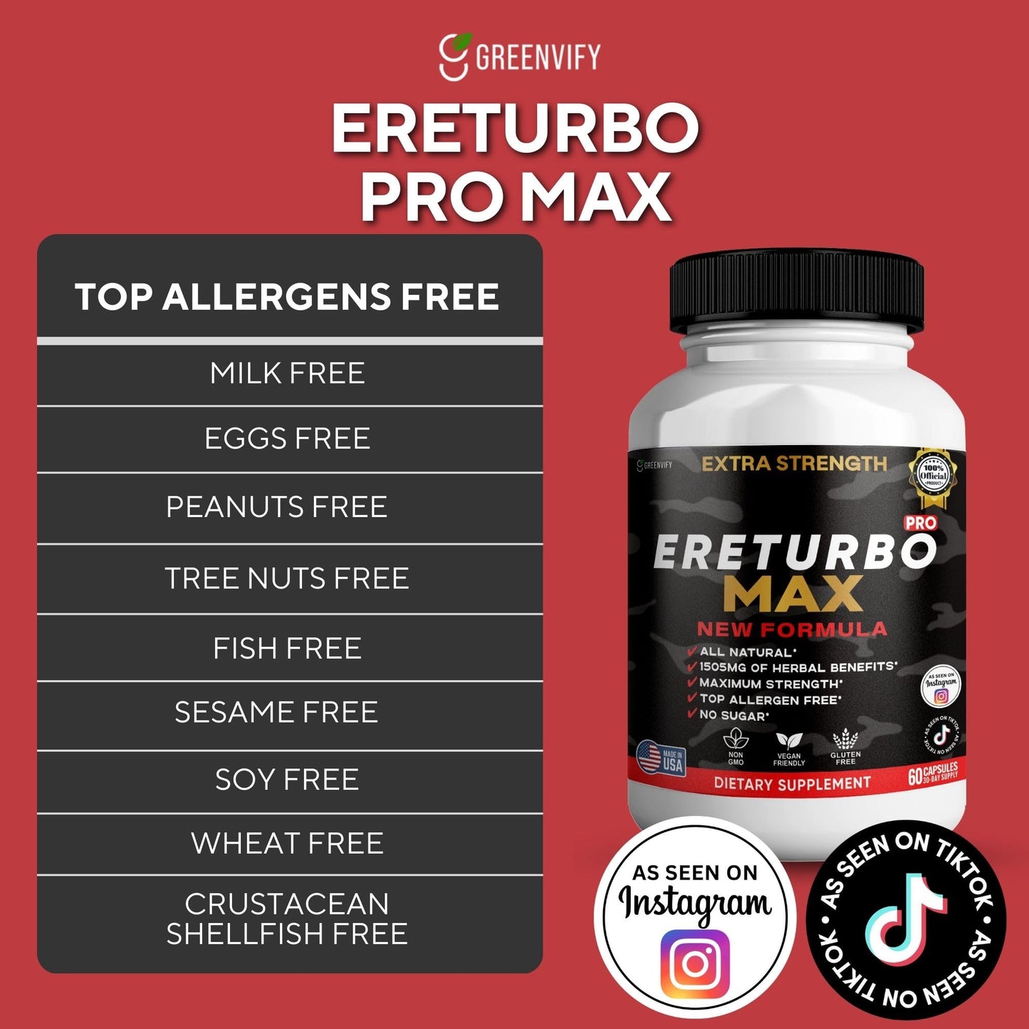 GREENVIFY Ereturbo Max Pro Extra Strength Organic Maca Root Supplement Capsules 60 Count