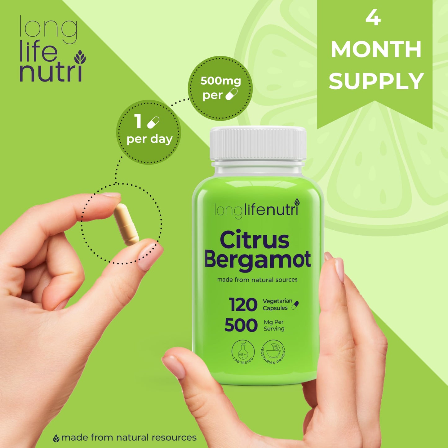 LongLifeNutri Citrus Bergamot Extract 500mg Capsules, 120 Count