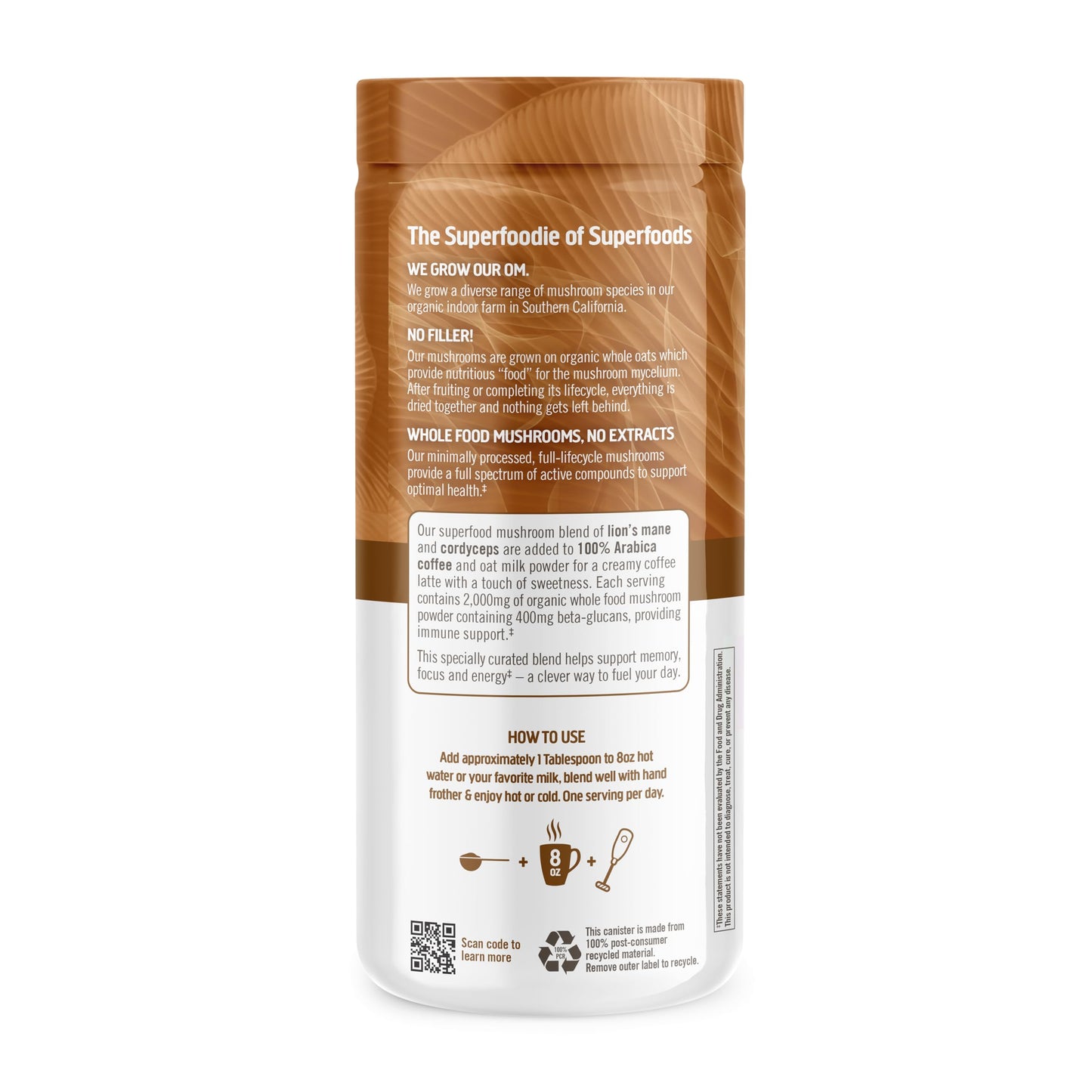 OM Mushroom Superfood Coffee Latte Blend Mushroom Powder, Lion's Mane, Cordyceps, Reishi, Chaga, Energy & Mental Clarity Support Supplement, 8.47 oz