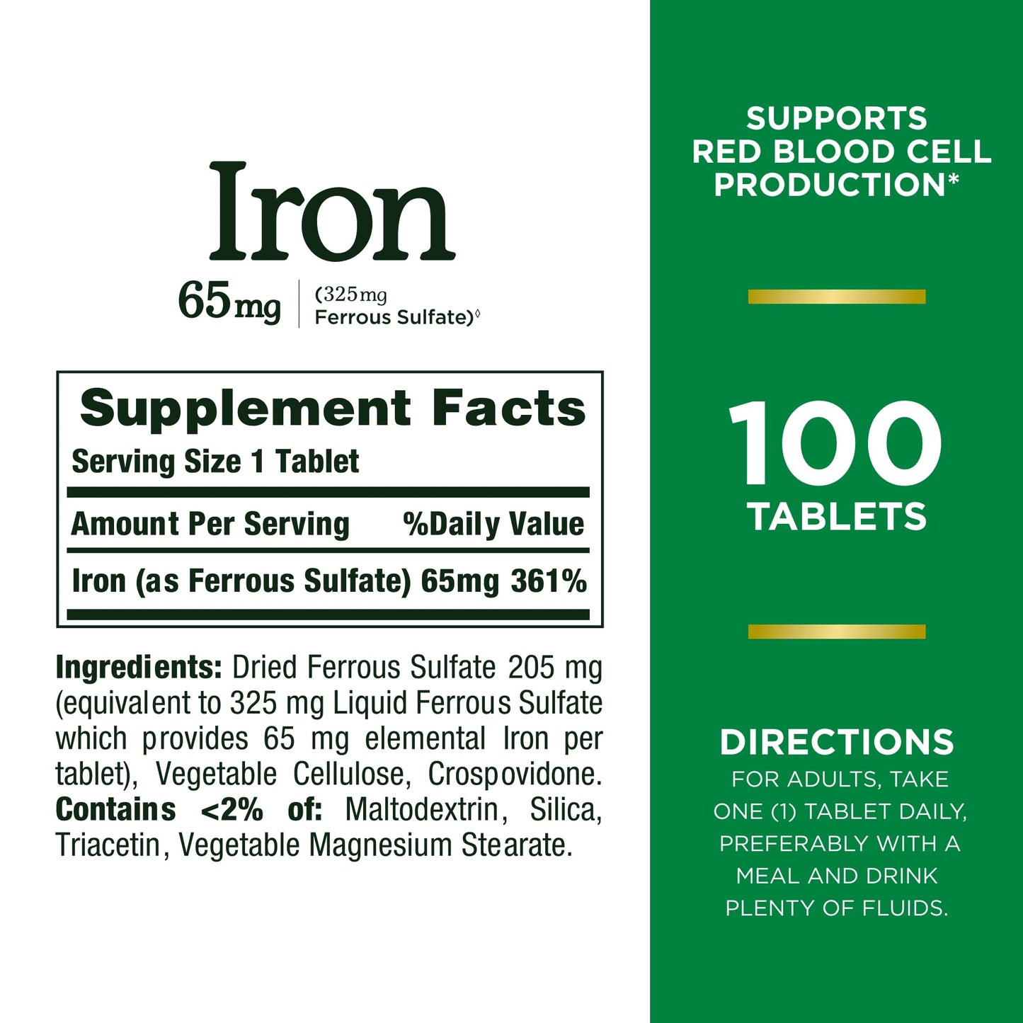 Nature’s Bounty Iron 65mg,325 mg Ferrous Sulfate,Cellular Energy Support,Promotes Normal Red Blood Cell Production,1 Serving Per Day,Gluten Free,100 Vegetarian Tablets,(Pack of 3)
