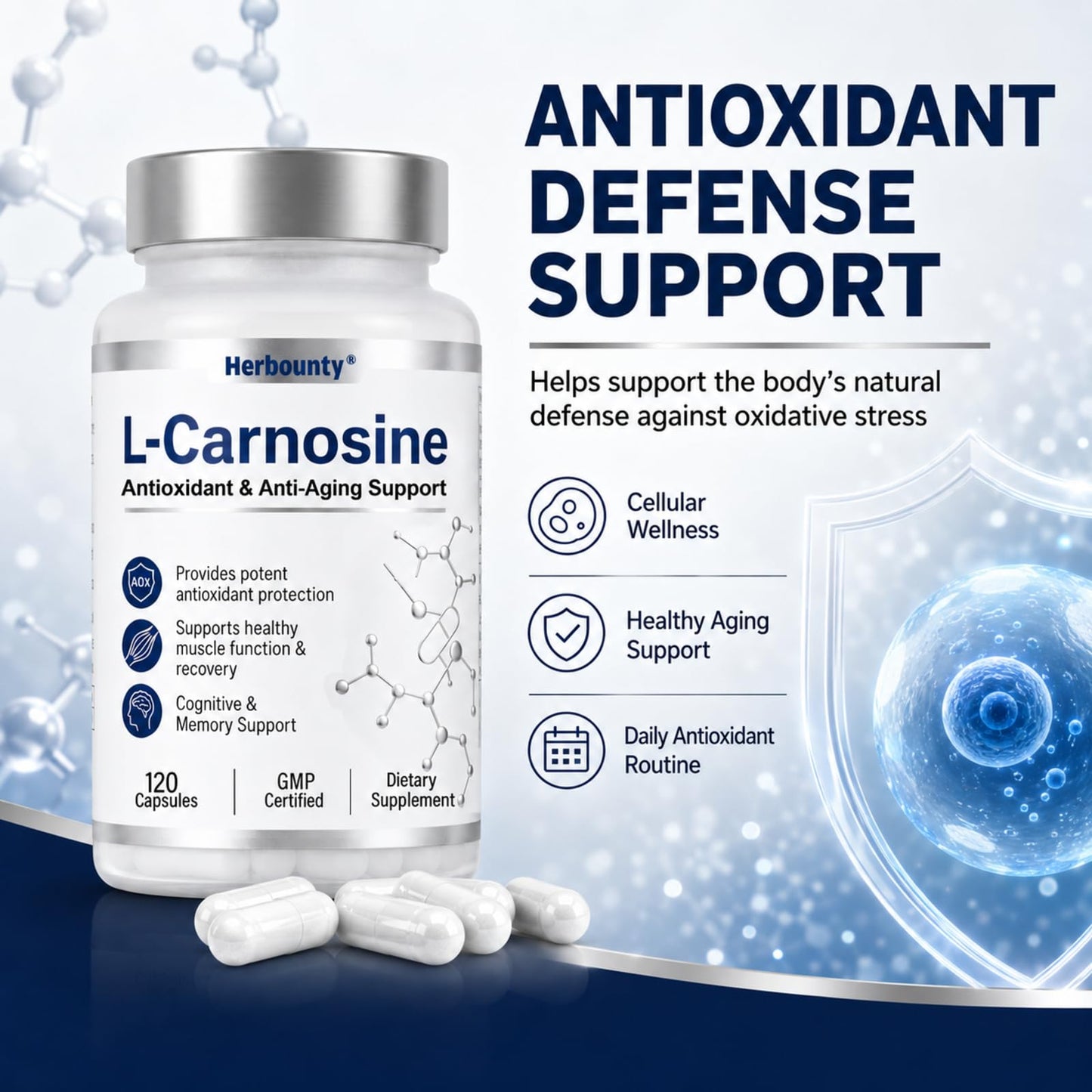 Herbounty L-Carnosine Supplement 500mg Capsule, 120 Capsules