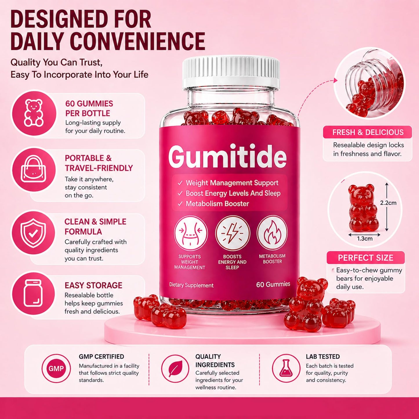 KWEZTY Gumitide Gummies with Apple Cider Vinegar, Calcium+Magnesium+Sodium, Weight Management Support, 60 Gummies