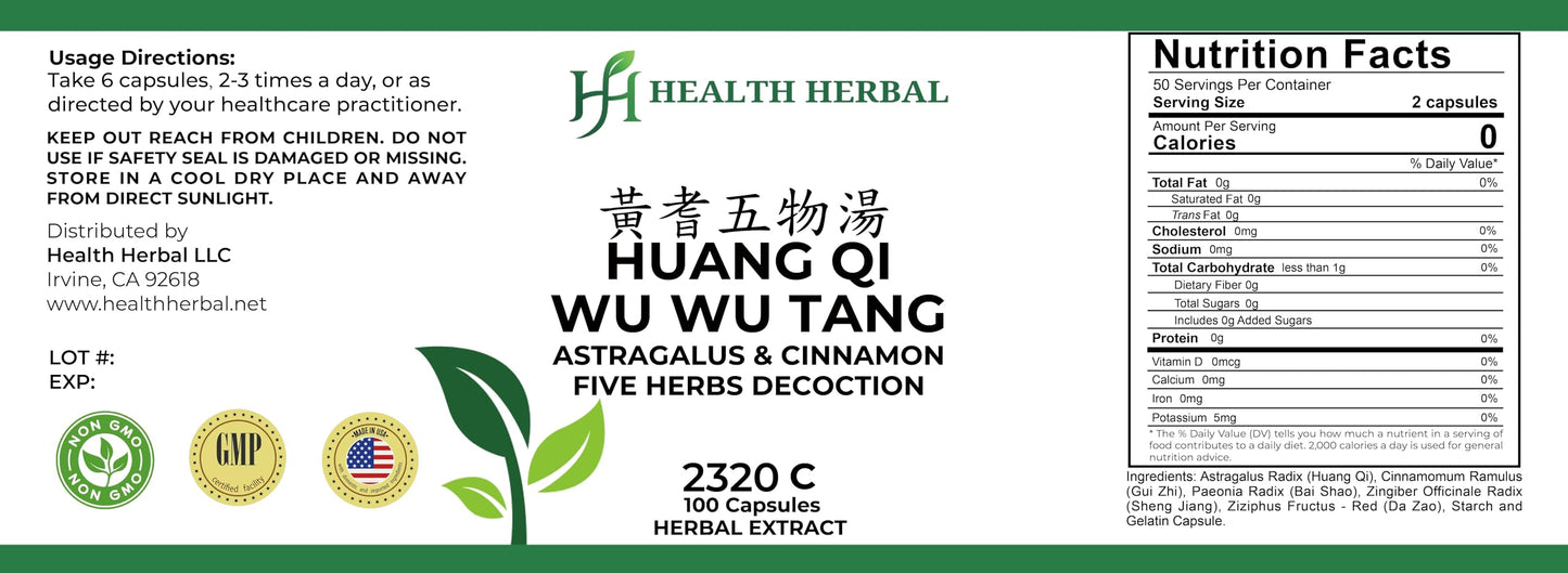 Health Herbal Astragalus & Cinnamon Five Herbs Decoction Capsules, 100 Capsules
