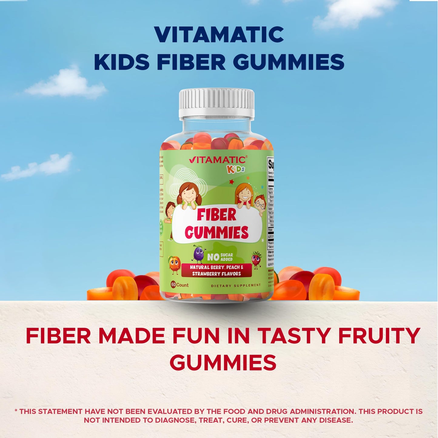 Vitamatic Kids Prebiotic Fiber Gummies Extra Strength 4g Fiber Zero Sugar Added Digestive Health & Regularity Support, 60 Count