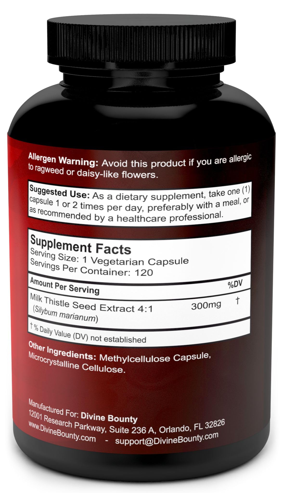 Divine Bounty Milk Thistle Supplement 300mg Seed Extract Capsules 120 Count