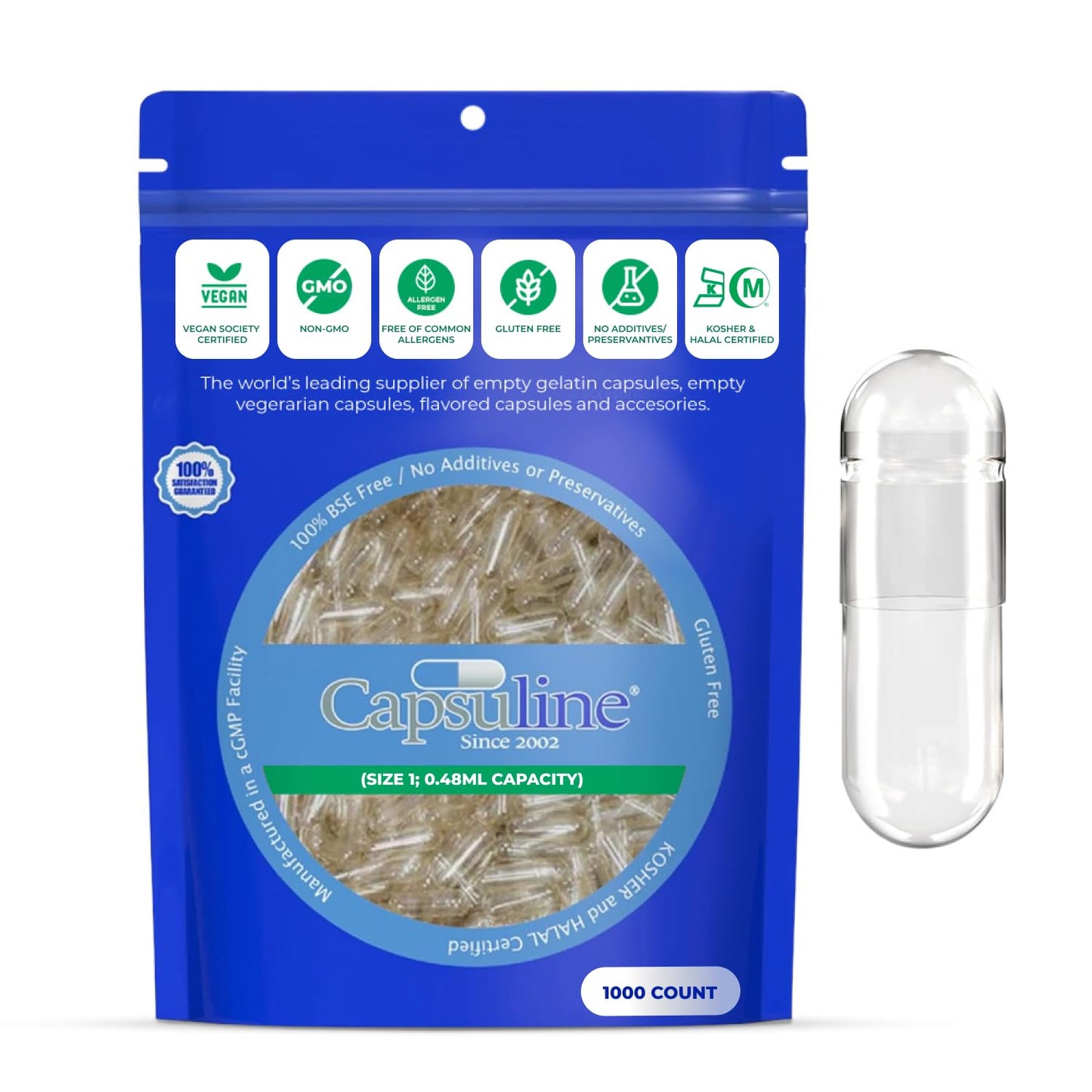 Capsuline Clear Size 1 Empty Vegetarian Capsules 1000 Count