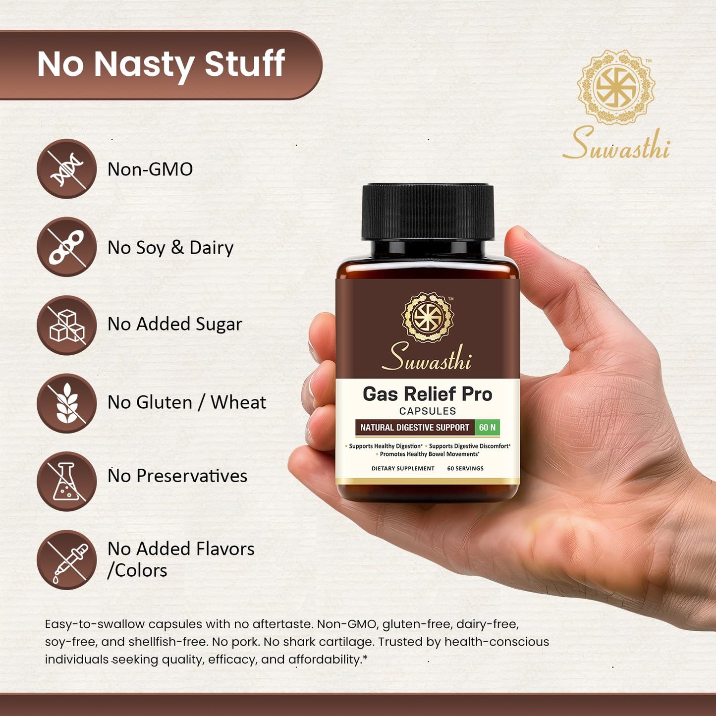 Suwasthi Herbal Supplements for Men & Women, Ayurvedic Blend with Cumin, Spearmint, Asafoetida, Piperine & Ginger for Wellness, 60 Capsules