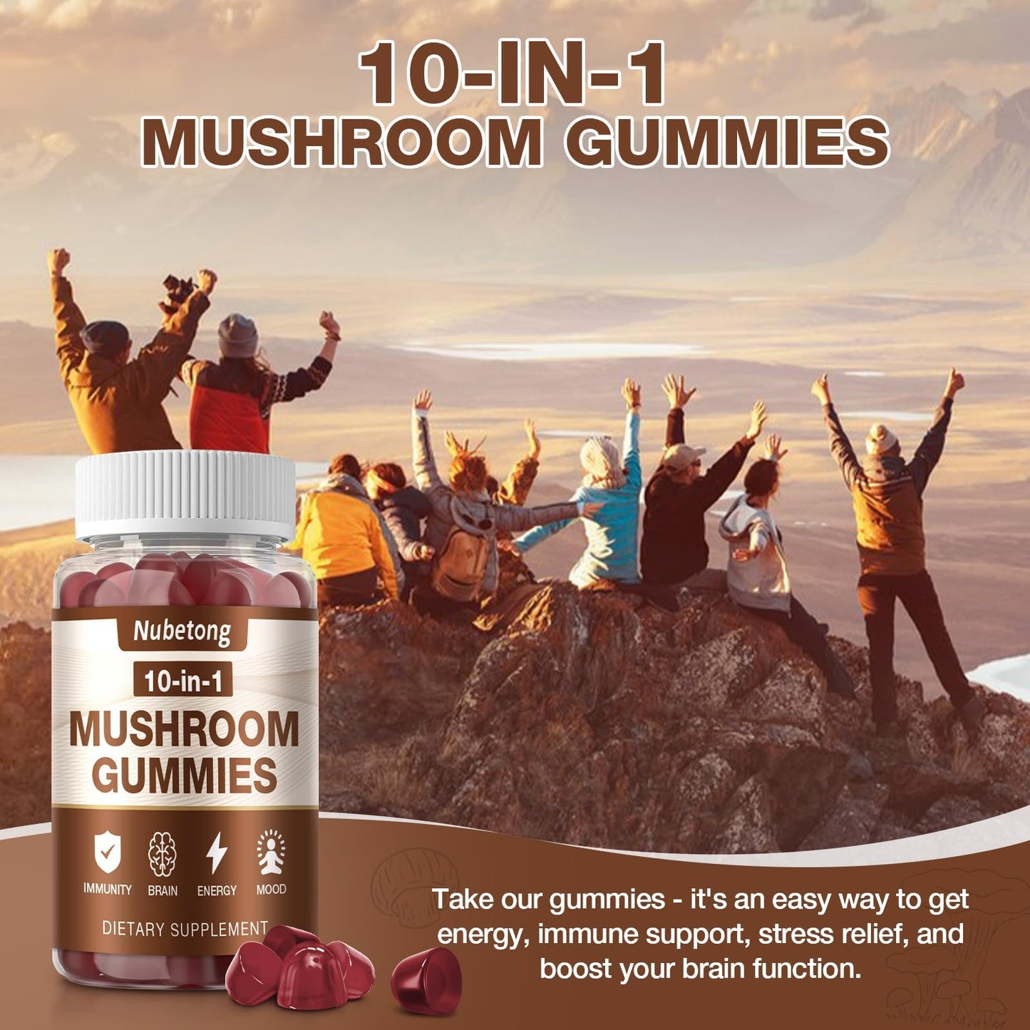 Nubetong Mushroom Gummies for Adults - 10x Mushroom Supplement 160 Gummies