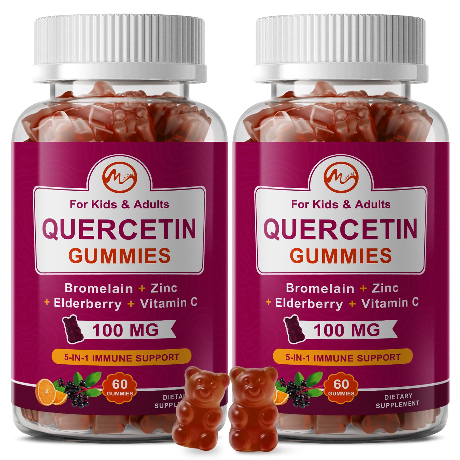 M inch Quercetin Gummies with Bromelain, Elderberry, Zinc and Vitamin C - Chewable Quercetin 100mg Supplement for Immune, Respiratory & Antioxidant Support, 120 Gummies