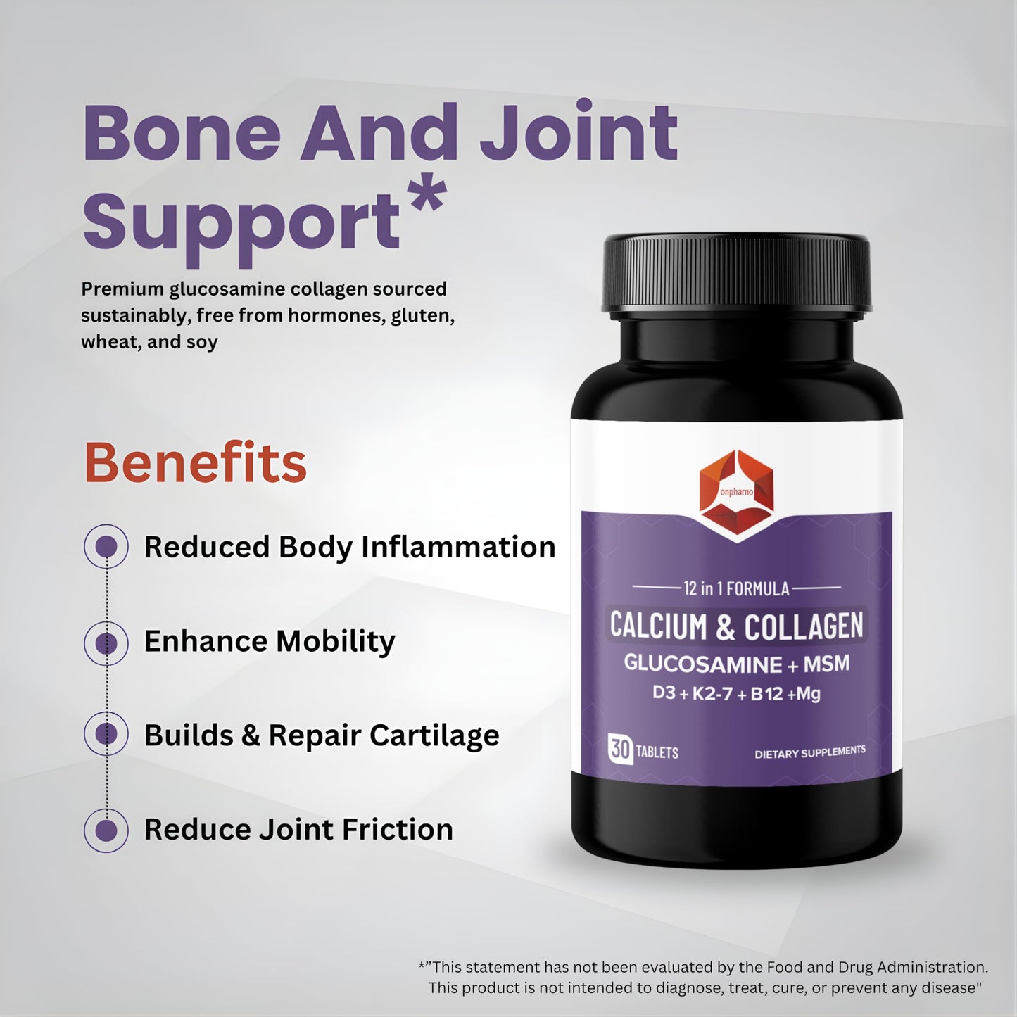 Onpharno 12-in-1 Calcium & Collagen Supplement – Glucosamine, MSM, D3, K2-7, B12, Magnesium – 30 Tablets