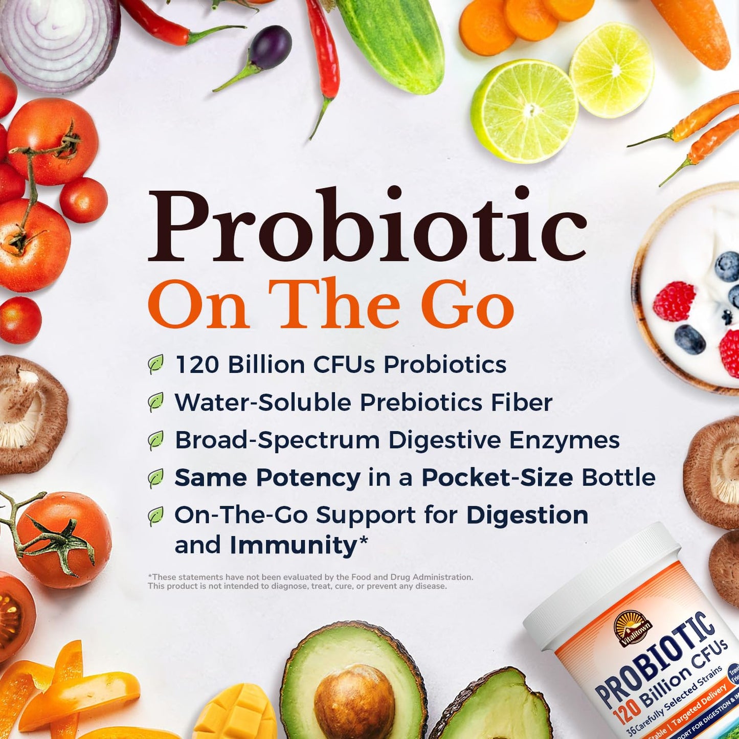 Vitalitown Probiotics 120 Billion CFUs 36 Strains + Prebiotics + Digestive Enzymes Capsule 30 Count