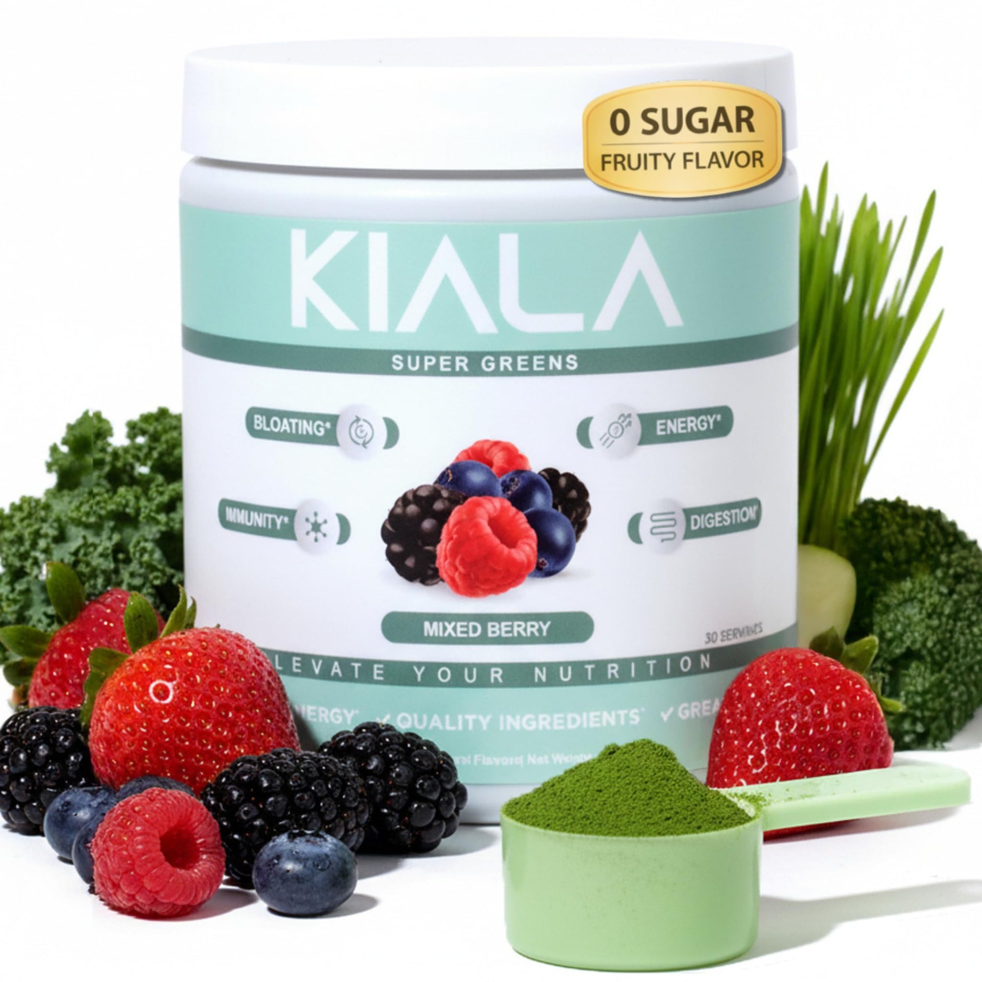 Kiala Nutrition Super Greens Powder with Spirulina & Chlorella for Digestion, Gut Health, Immunity, Adaptogens, Energy, Gluten Free, Vegan, Sugar Free, Mixed Berry, 8 oz