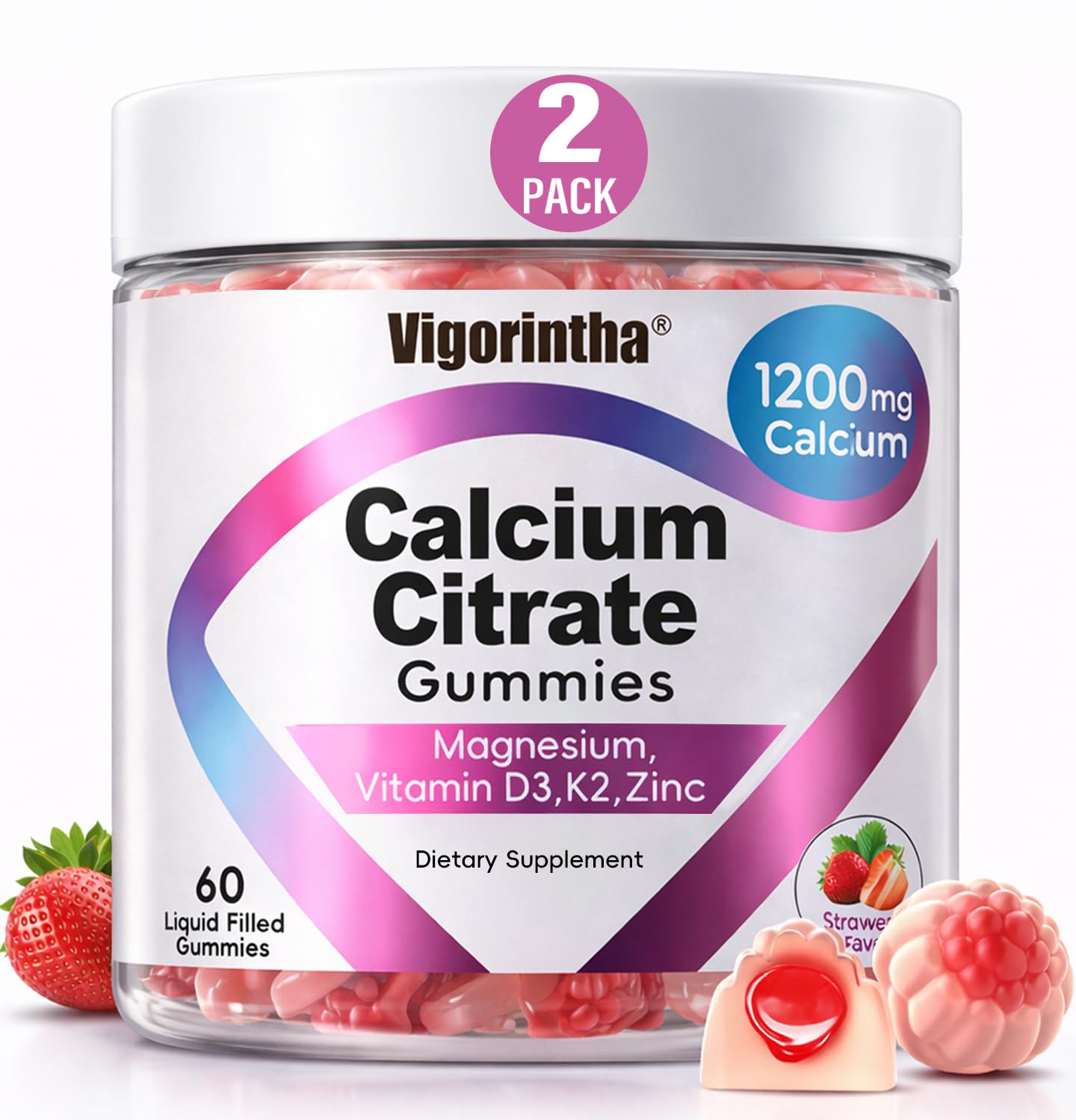 Vigorintha Calcium Citrate Gummies 1200mg with Magnesium, Vitamin D3, K2, Strawberry Flavor, 120 Gummies