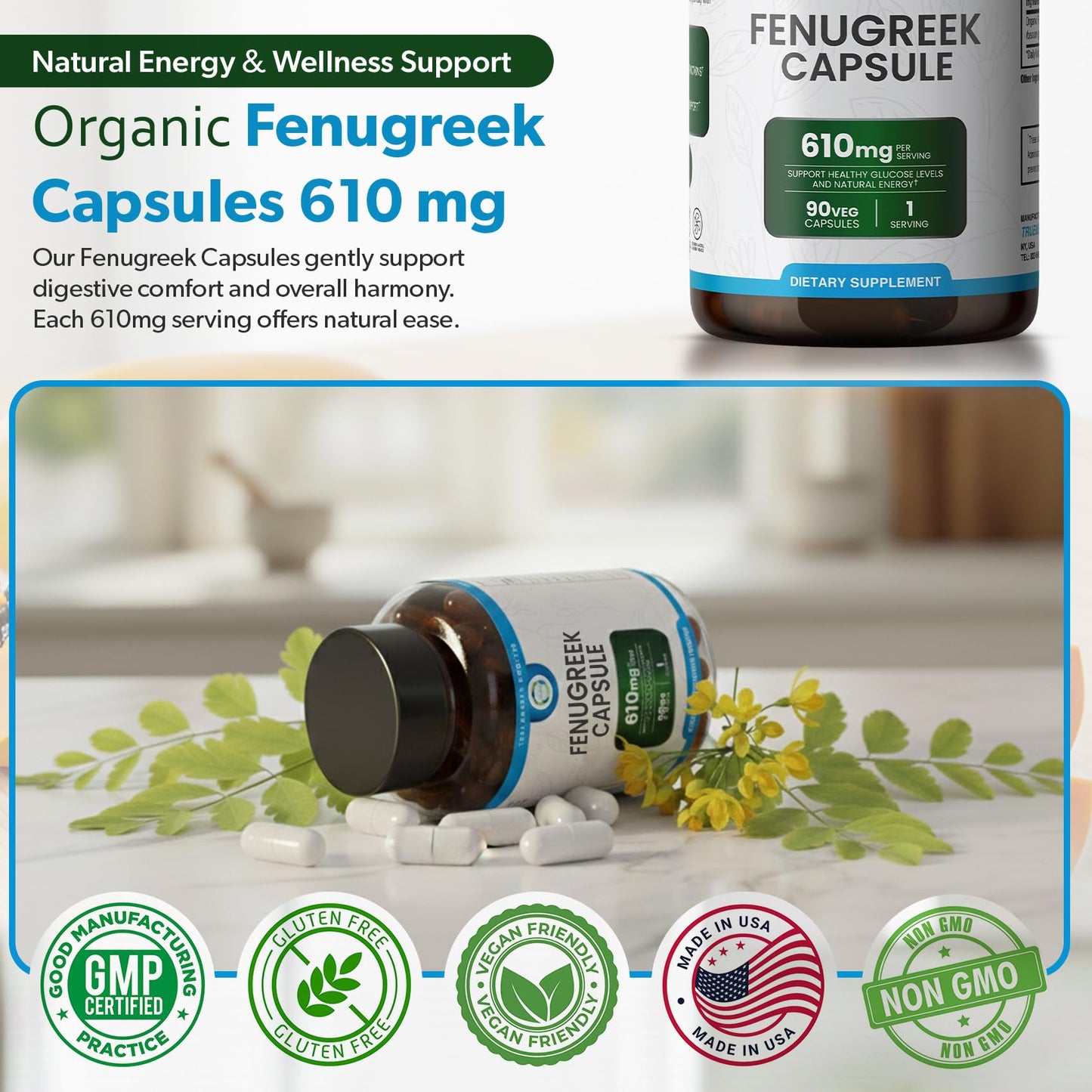 TRUEMED Organic Fenugreek Vegetable Capsules, 90 Capsules