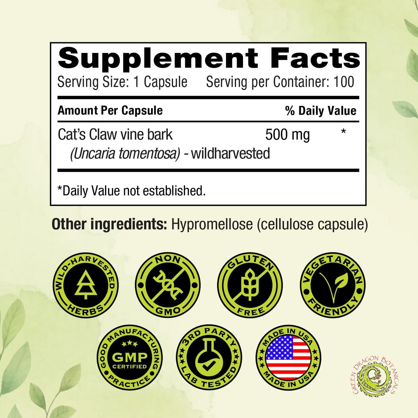 Green Dragon Botanicals Cat’s Claw (Uncaria Tomentosa) Vine Bark 500 mg Capsules, 100 Count