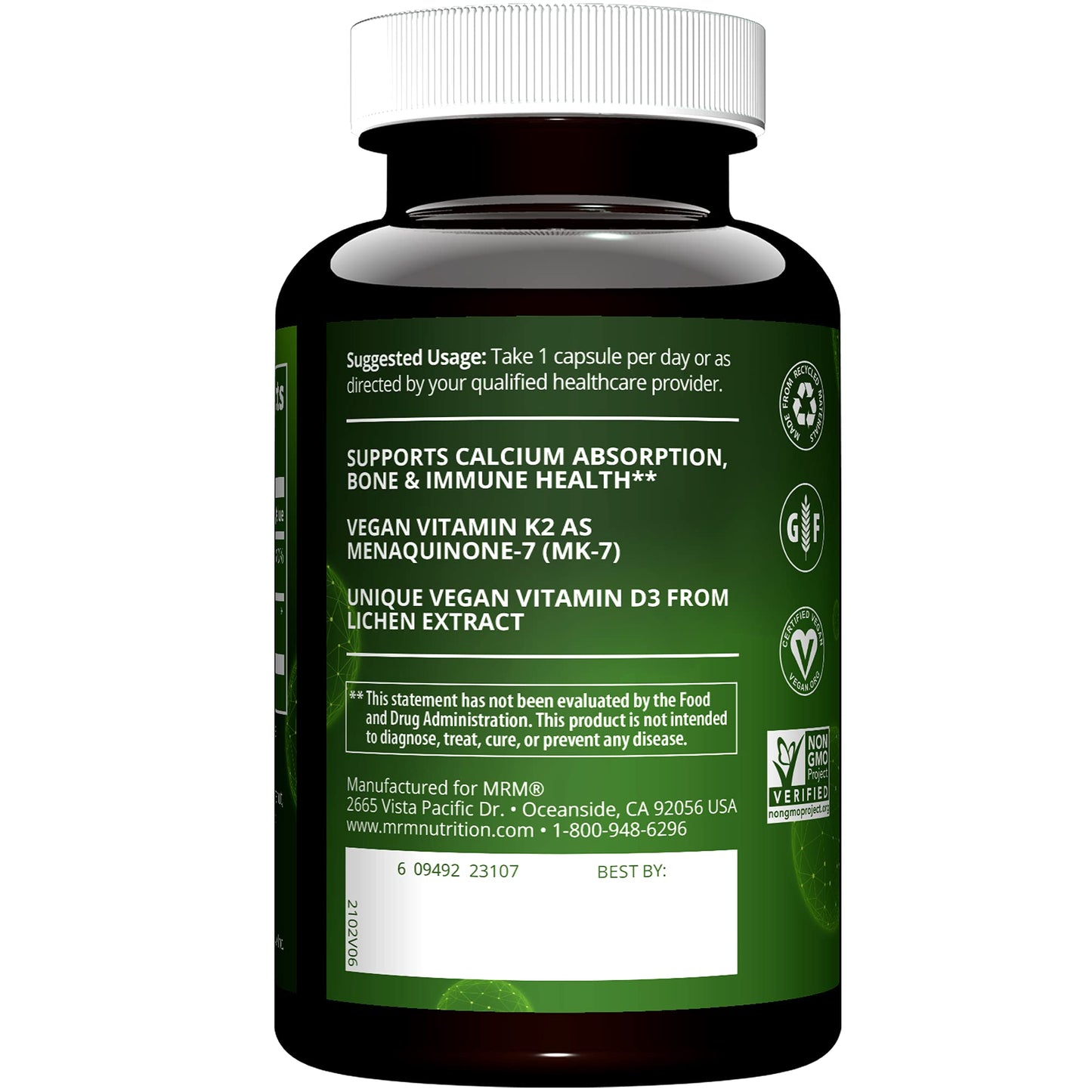MRM Vegan Vitamin D3 & K2 Capsules, 60 Count