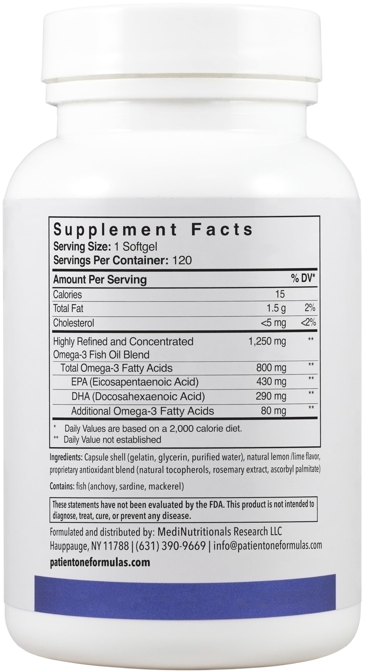 Patient One Omega-3 800 mg Fish Oil with EPA & DHA Softgel 120 Count