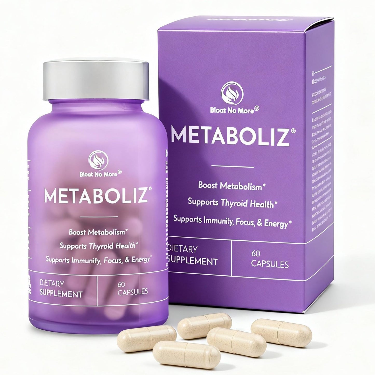 Bloat No More METABOLIZ Metabolism Booster for Women, Thyroid Support Supplement with Selenium, Iodine, B12 & Zinc, 60 Capsules