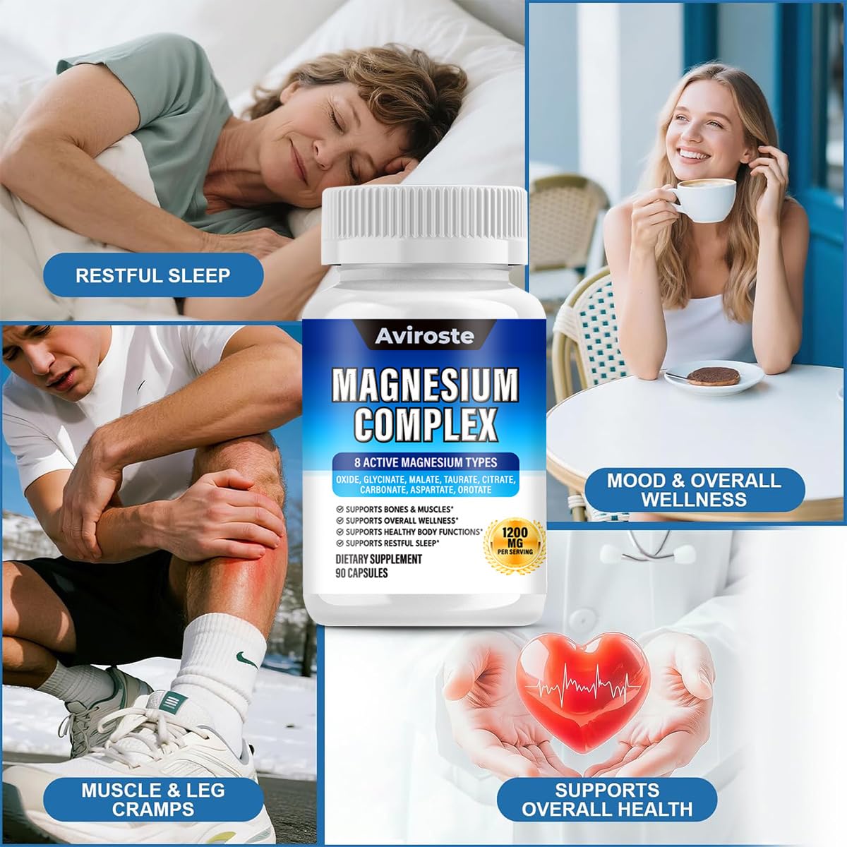Aviroste Magnesium Complex Capsules, 8-Elemental 1000mg (Glycinate, Citrate, Malate, Taurate) - 1 Count