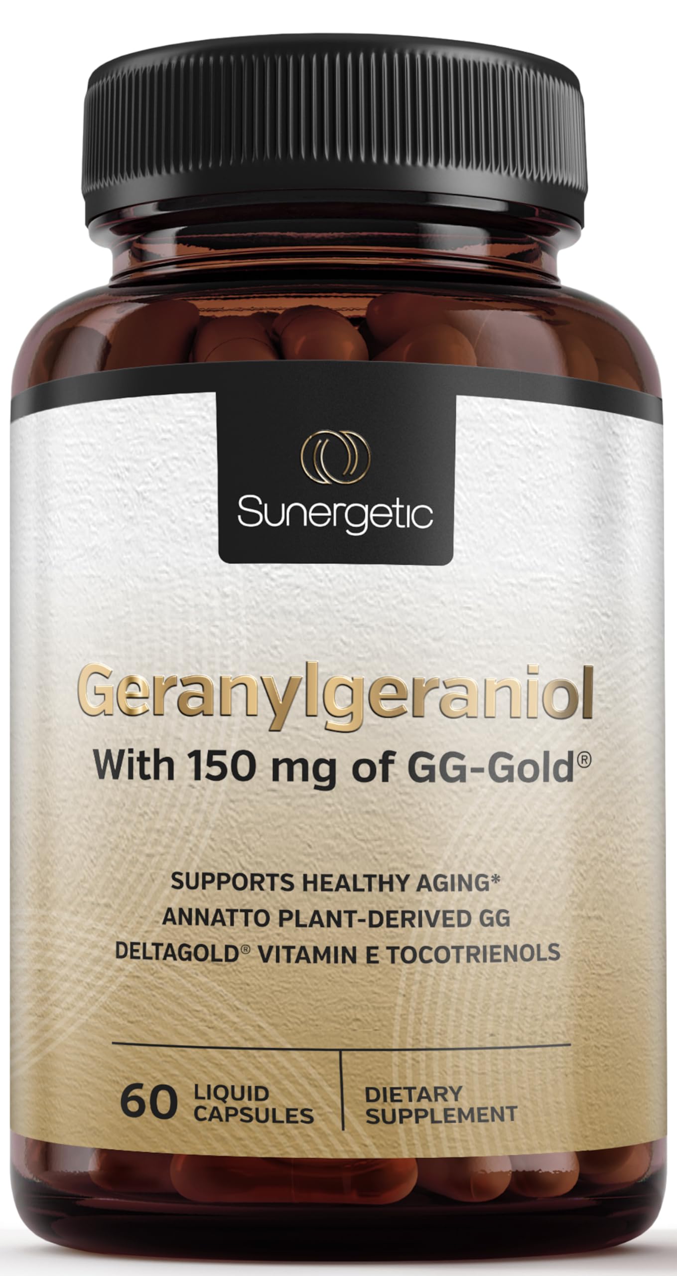 Sunergetic Geranylgeraniol Supplement - GG-Gold 150mg with DeltaGold Vitamin E Tocotrienols (Annatto Derived GG) for Statin Users, Heart Health & CoQ10 Production, 60 Capsules