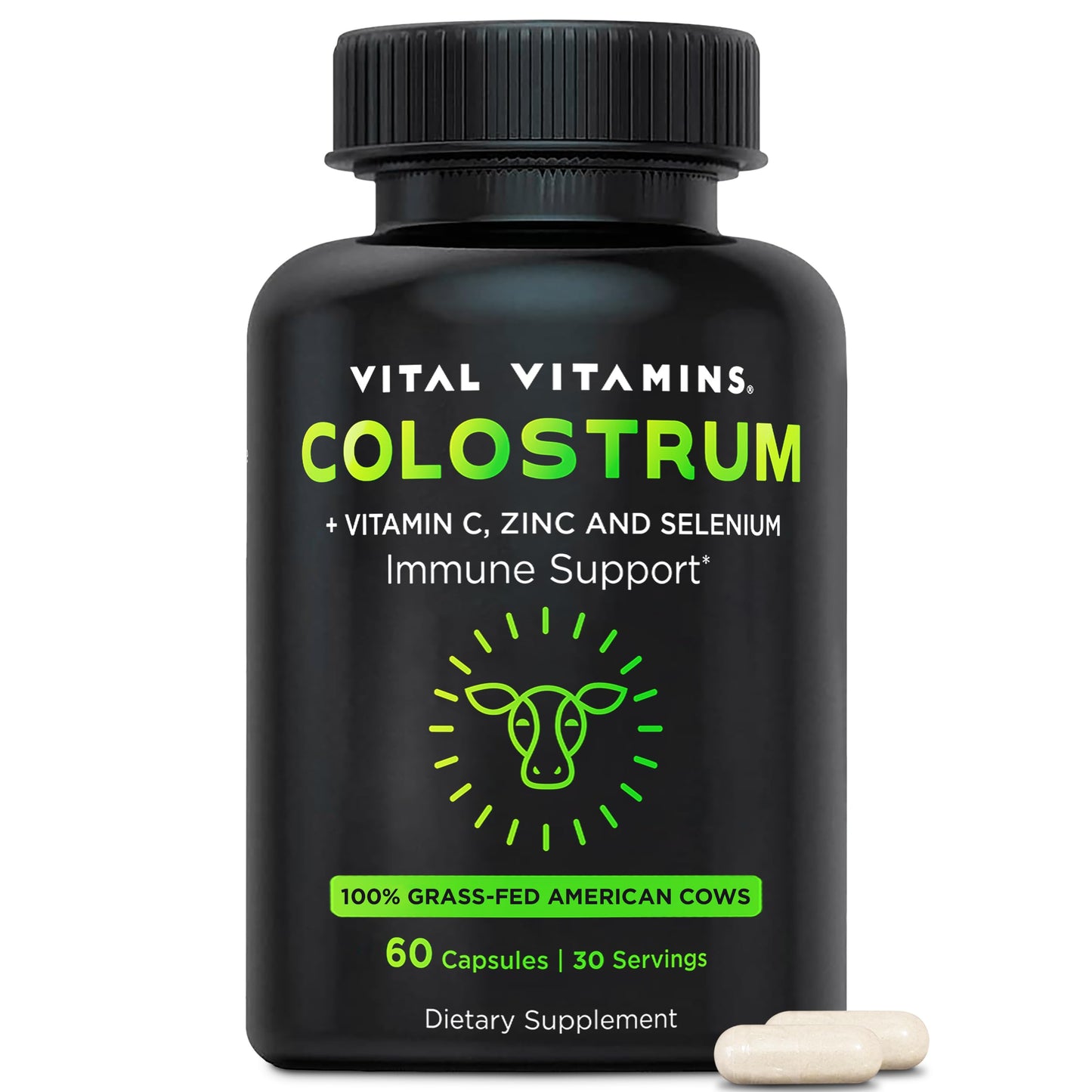 Vital Vitamins Colostrum Supplement from First Milking with Vitamin C, Zinc & Selenium - 10% IgG Immunoglobulins - Grass-Fed American Cows - 60 Capsules