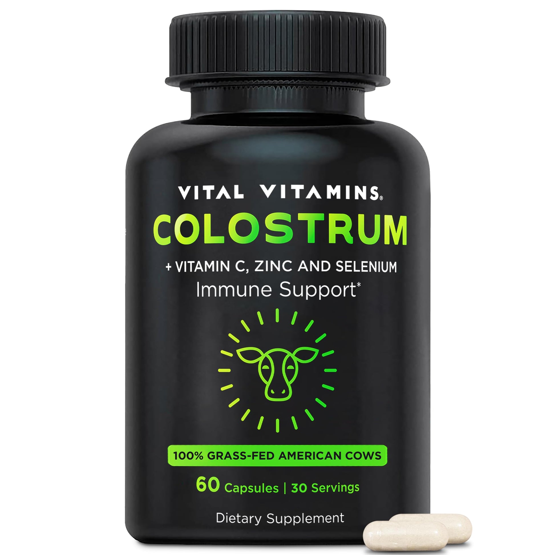 Vital Vitamins Colostrum Supplement from First Milking with Vitamin C, Zinc & Selenium - 10% IgG Immunoglobulins - Grass-Fed American Cows - 60 Capsules