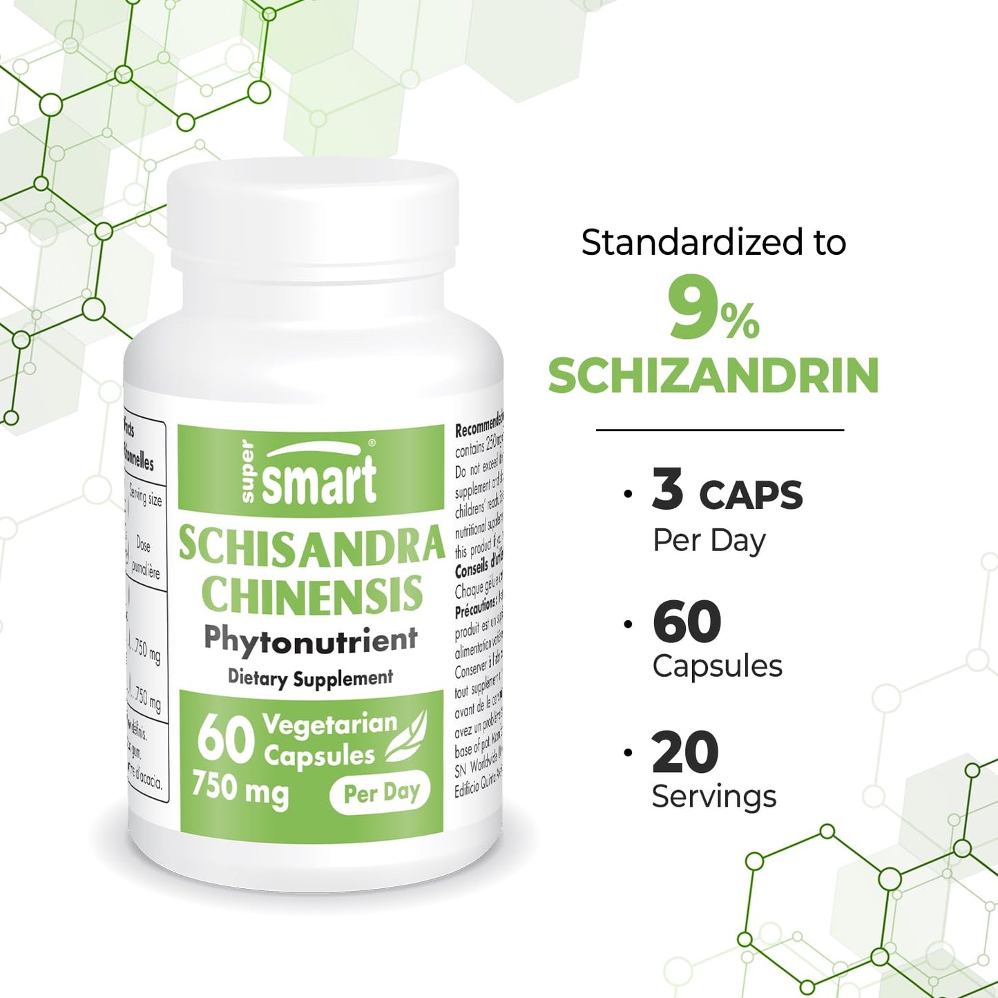 Supersmart Schisandra Chinensis 750mg per Day High Strength 10:1 Extract Schisandra Berry Supplement 60 Capsules