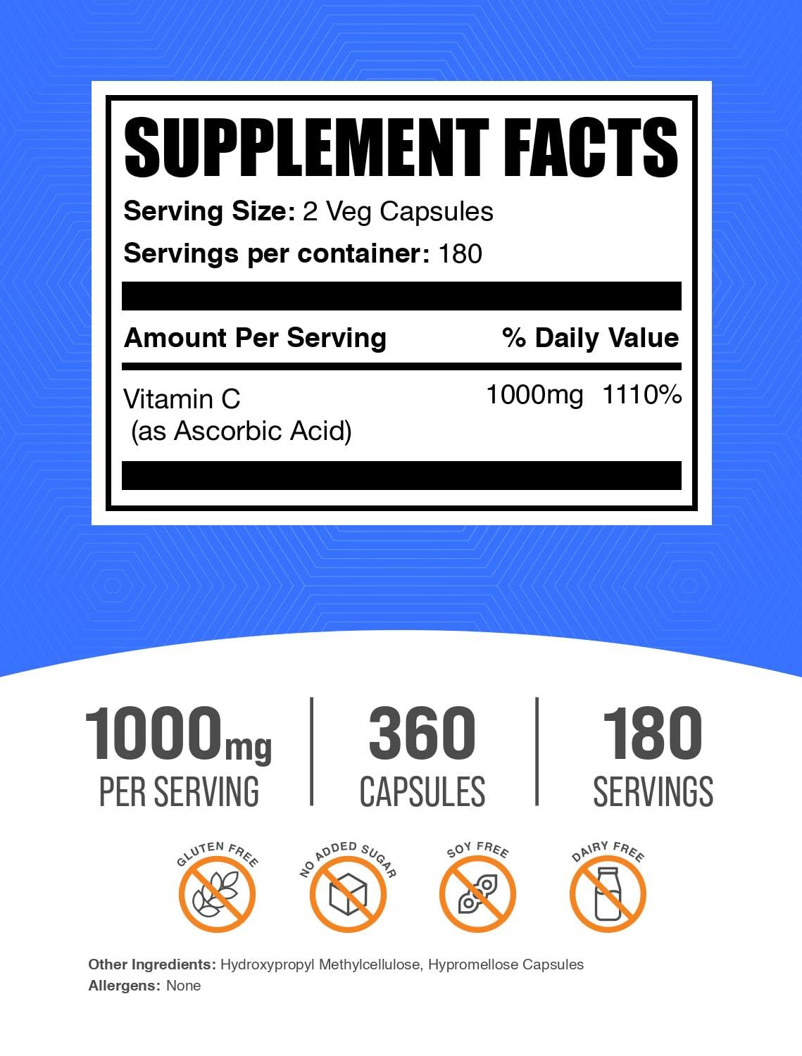 BulkSupplements Ascorbic Acid Capsules 1000mg, Vitamin C Supplement, 360 Capsules