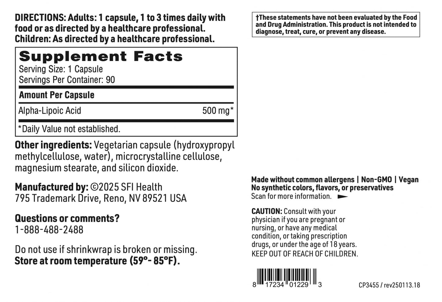 SFI Health Alpha-Lipoic Acid 500mg, 90 Capsules