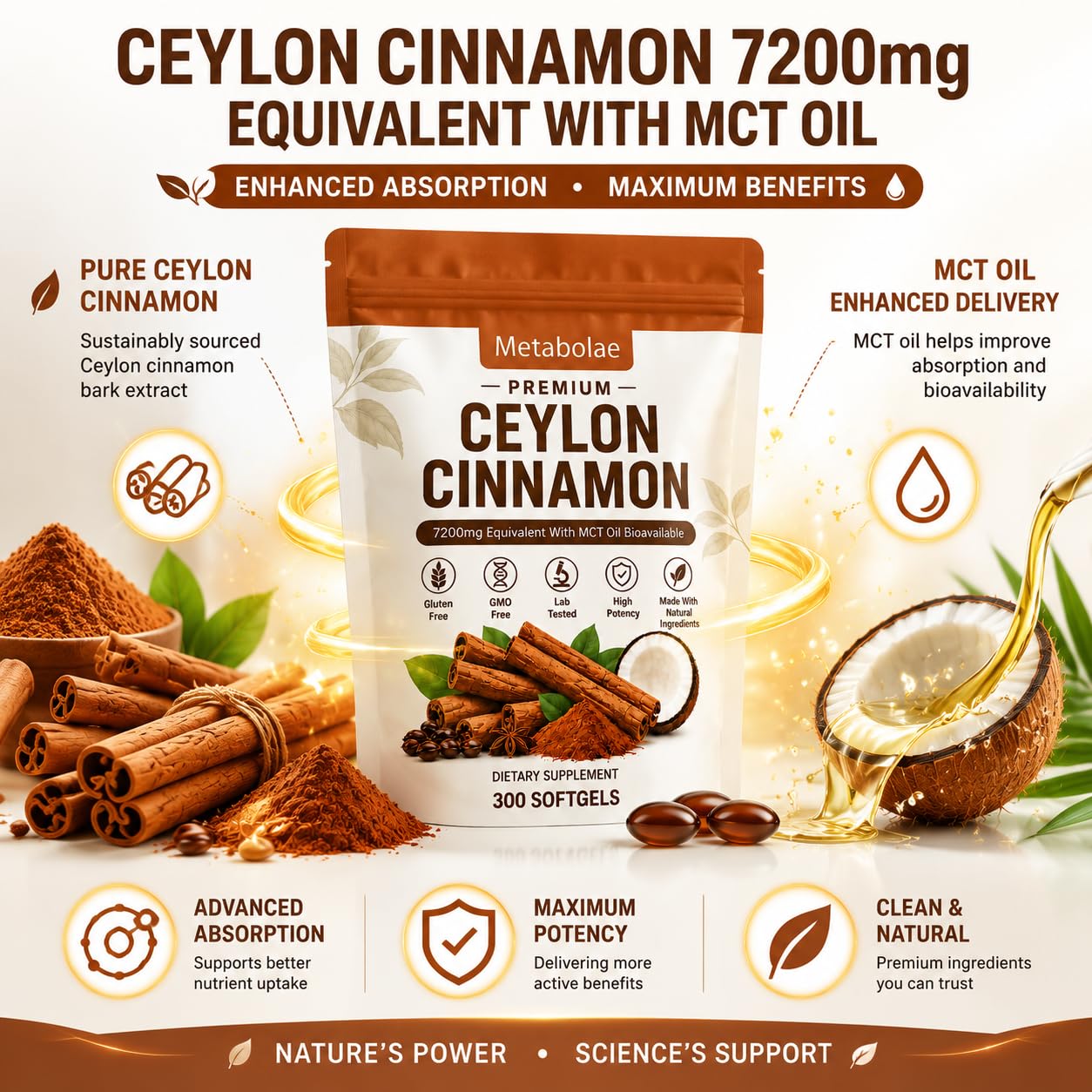 Lumine Organics Berberine Metabolae Ceylon Cinnamon with MCT Oil Capsule, 300 Count