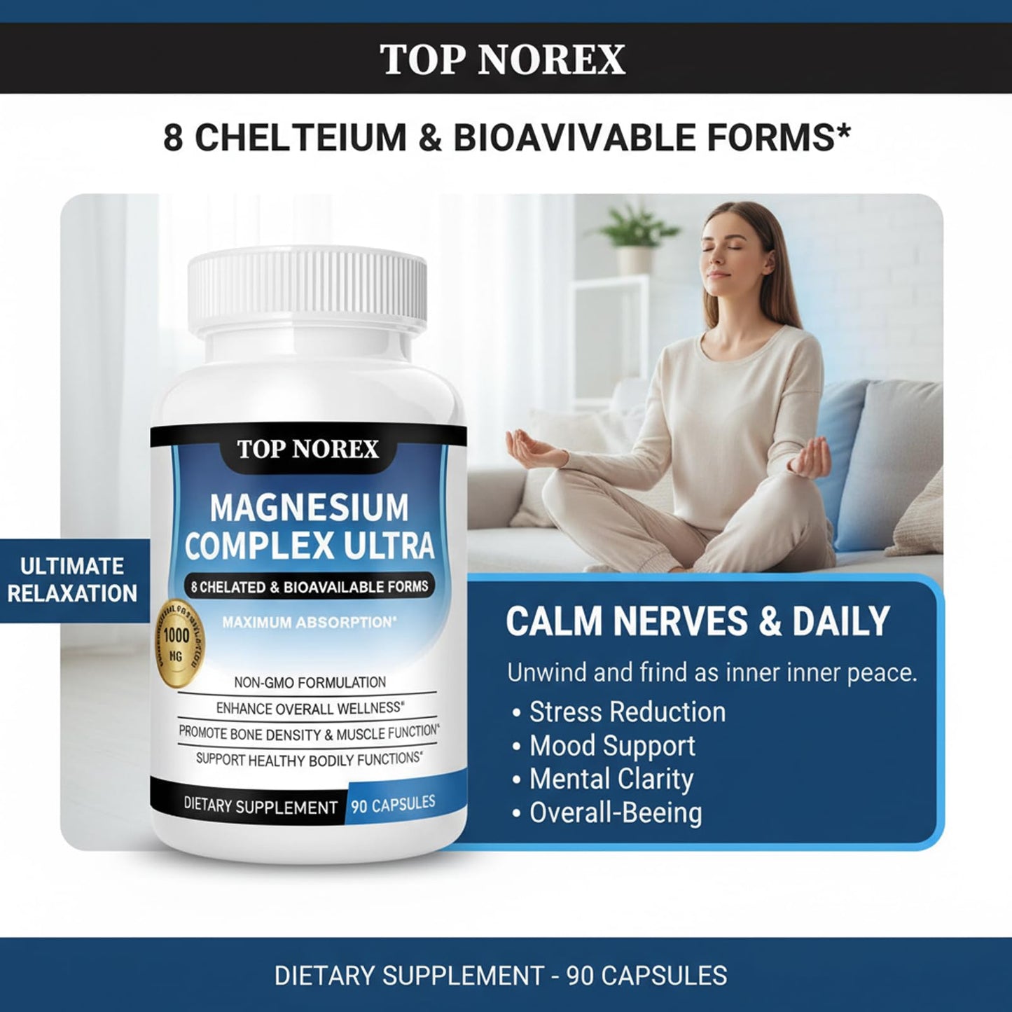 Top Norex Magnesium Complex Ultra - 8 Elemental 1000mg Magnesium Blend, Easy Absorption, 90 Capsules, 1 Count