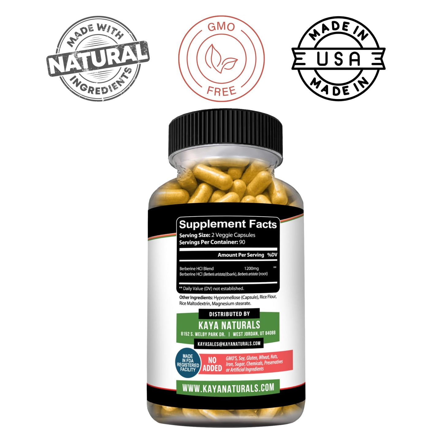Kaya Naturals Berberine HCL Extract 1200mg Capsule, 180 Count