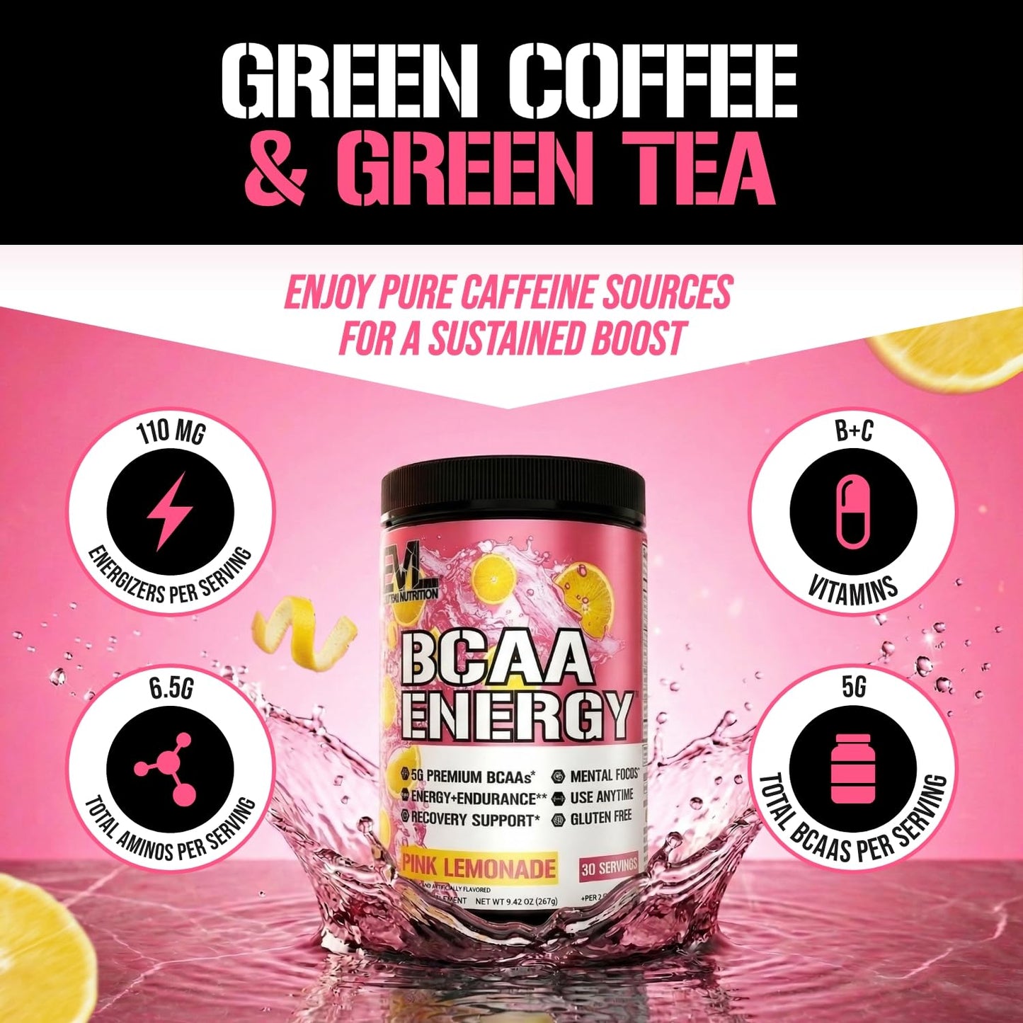 Evlution EVL BCAAs Amino Acids Powder Pink Lemonade 9.42