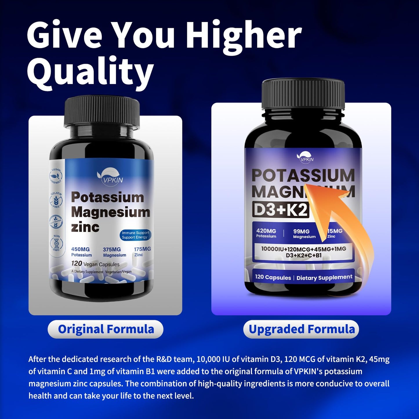 VPKIN Potassium Magnesium Zinc & D3 K2 Supplement Capsules, 120 Count