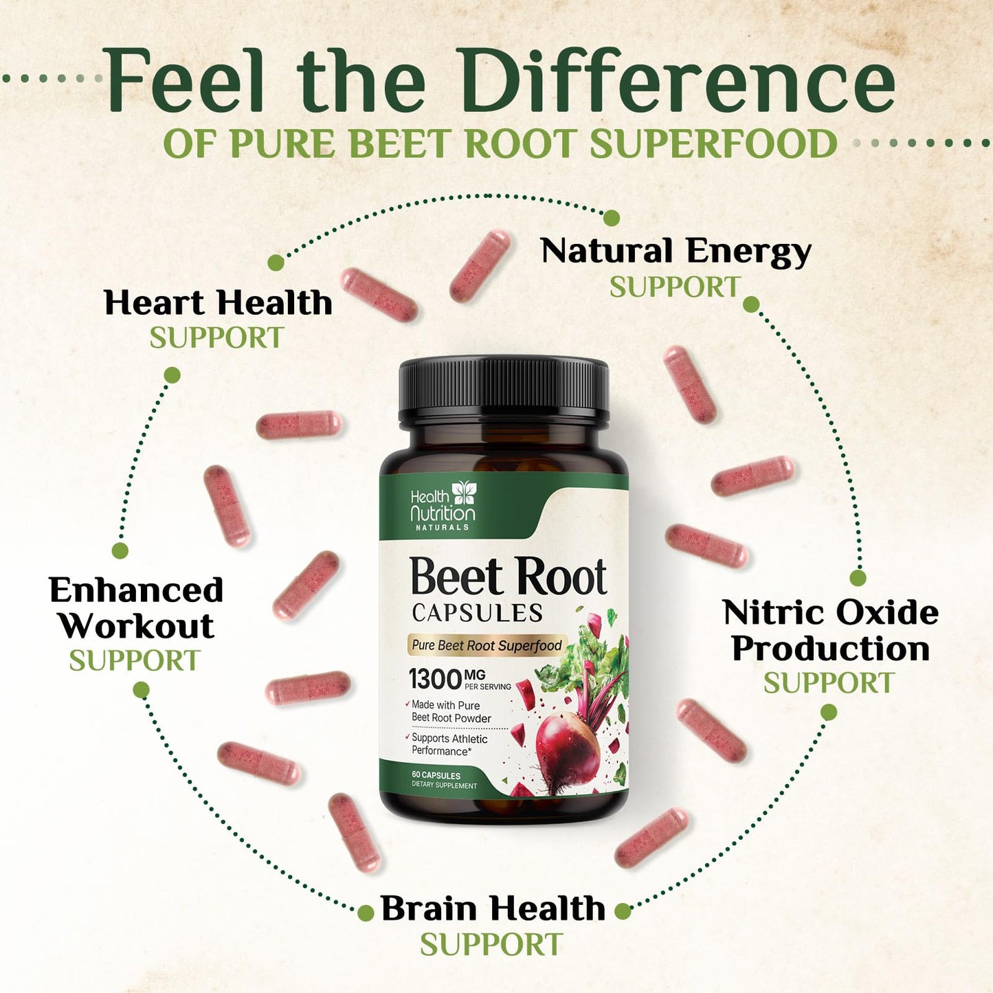Health Nutrition Naturals Organic Beetroot Powder 1300mg per Serving Capsules, 60 Capsules