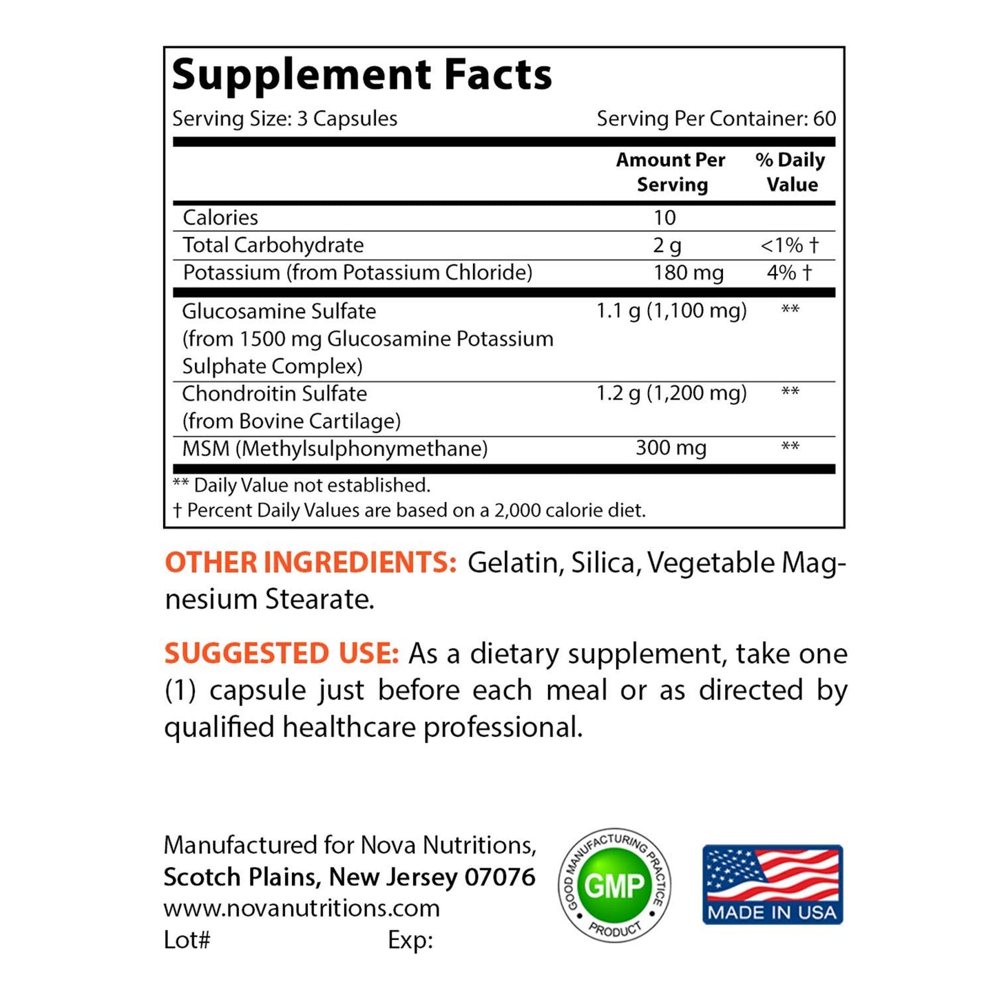 Nova Nutritions Triple Strength Glucosamine Chondroitin MSM Capsules, 180 Count