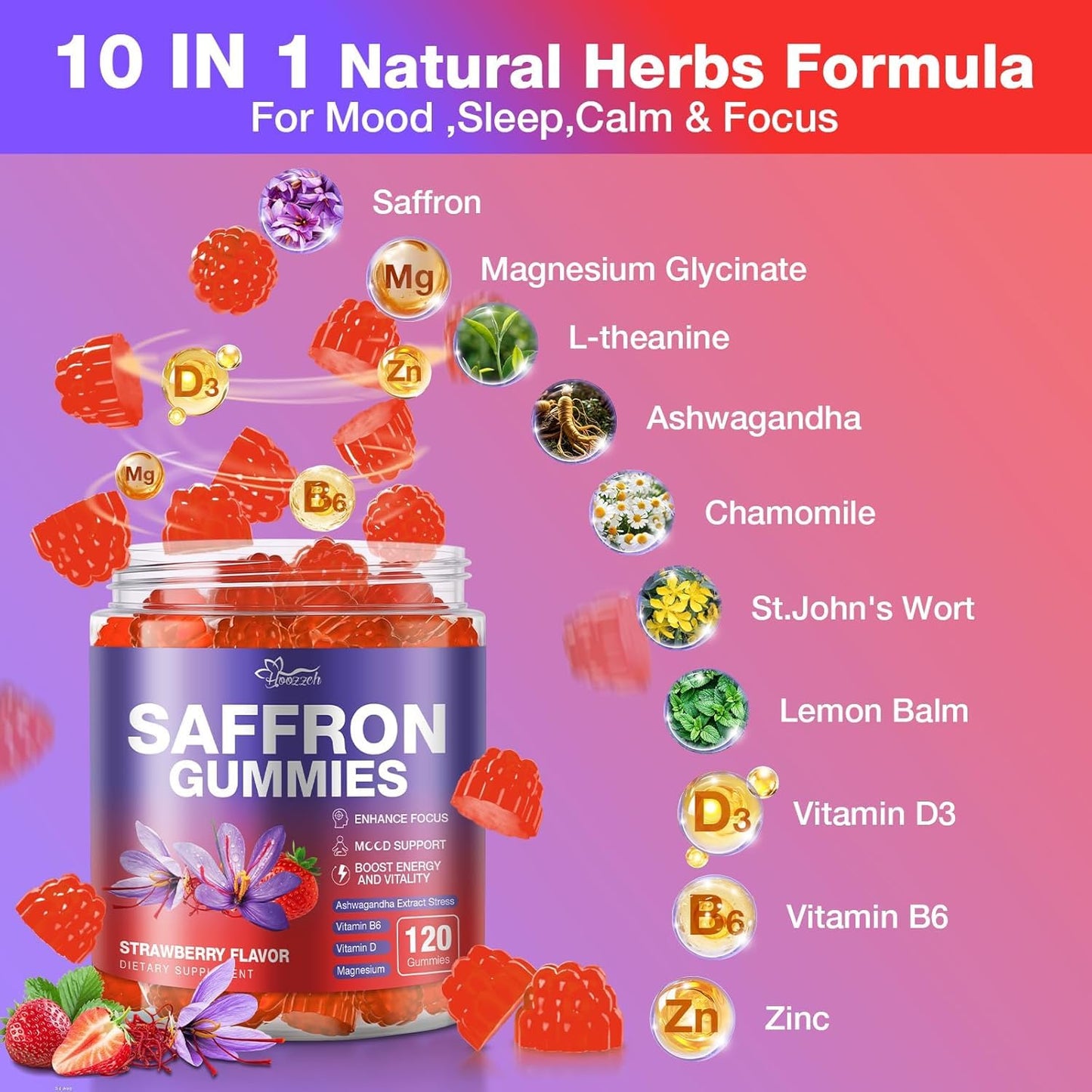 Hoozzch Saffron Gummies with 88.5mg Saffron Extract, Magnesium Glycinate 200mg, L-Theanine, Indian Ginseng, B & D Complex, Supports Focus, Mood, Calm, Sleep & Eye Health, 120 Gummies