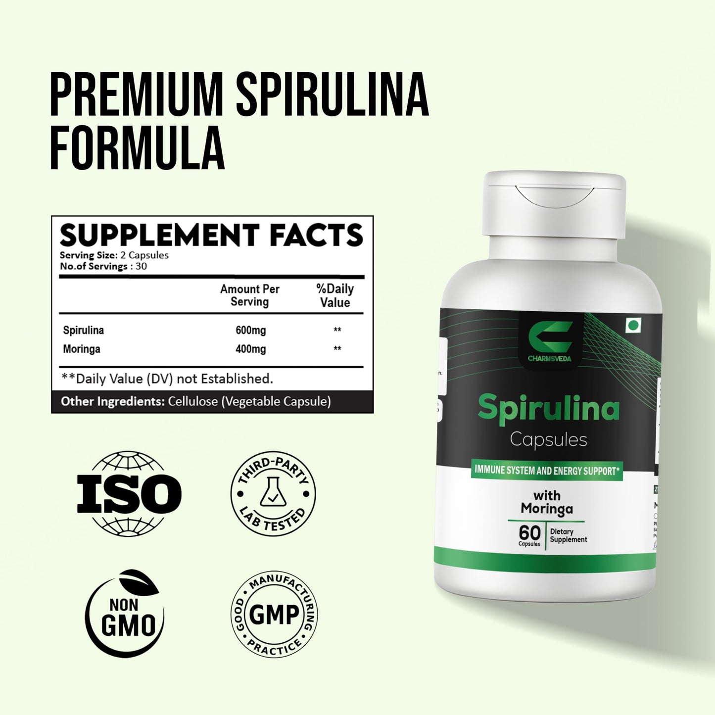 CHARMSVEDA Spirulina Capsules with Moringa, 60 Capsules